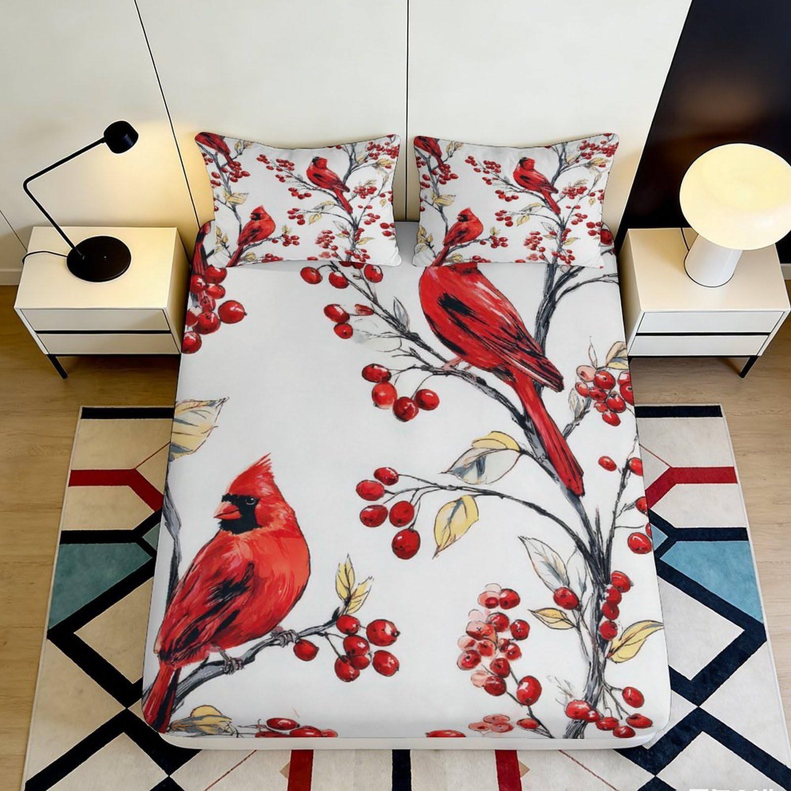 Jqzkxnhpbr Style-1 3D Printed Cardinal Bird Fitted Sheet Microfiber Red Berry Branch Mattress Cover For Bedroom Guest Room Decor Protection 90X200x25cm