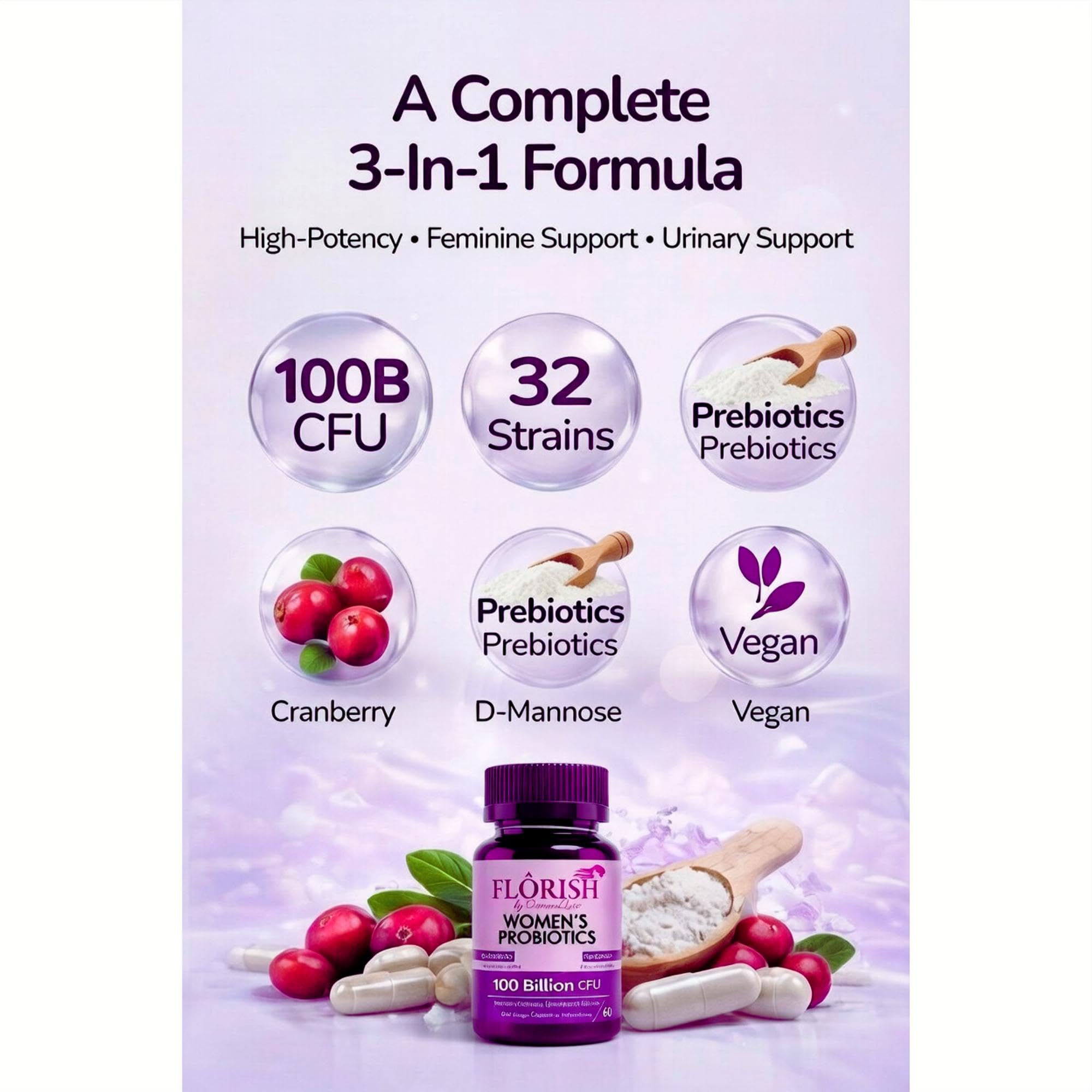Feminine Probiotics for Women–Vaginal Odor Flora Control & pH Balance, 100 Billion CFU, 32 Strains, Organic Cranberry Extract + D-Mannose Prebiotic for Healthy Gut UTI PMS Yeast Support. 60 Vegan Caps