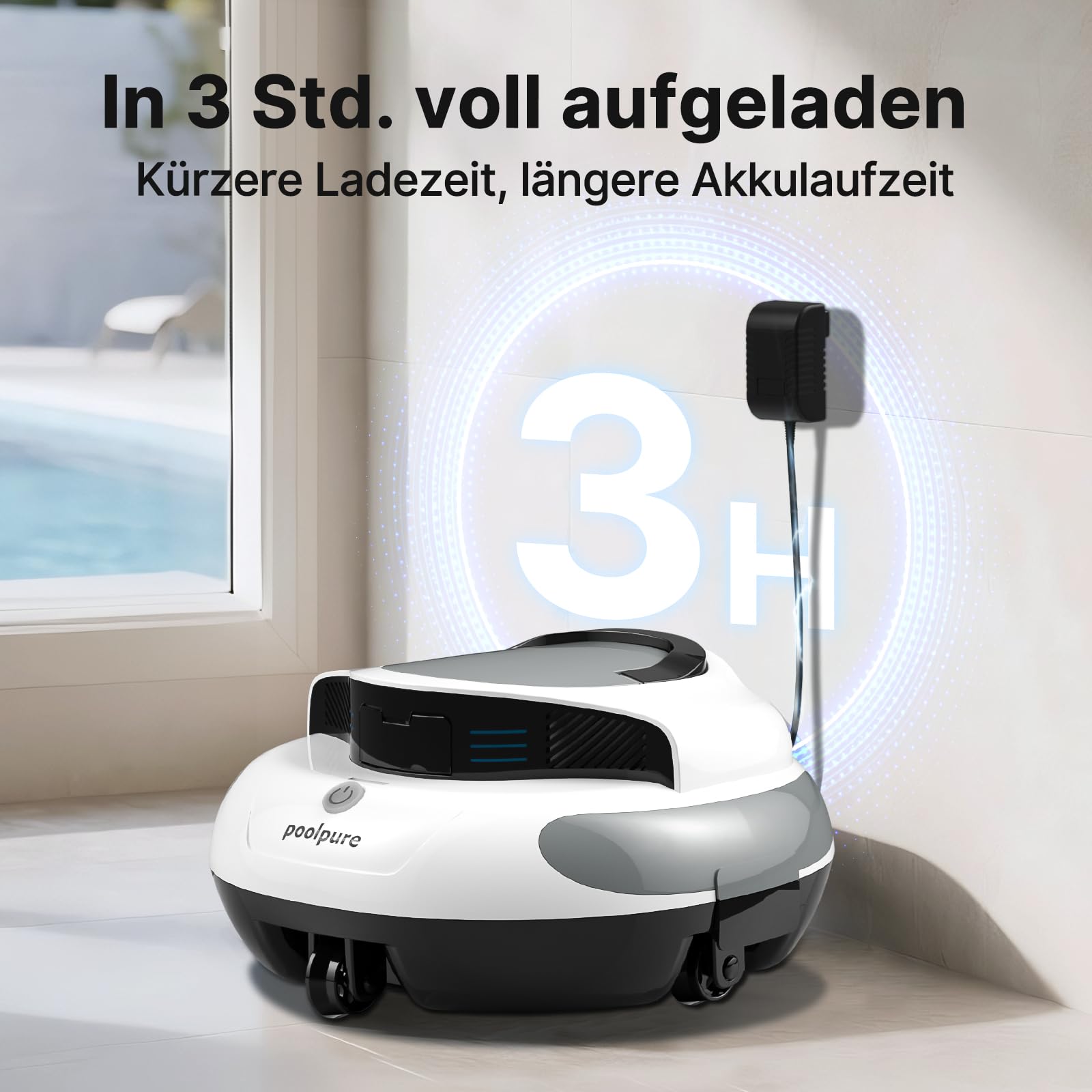 POOLPURE Akku Poolroboter 2026 – Kabelloser Poolsauger mit 100 Min Laufzeit, Automatischer Poolreiniger für Flache Aufstellbecken bis 90m², Dual Hall-Sensoren, 5000mAh, IPX8