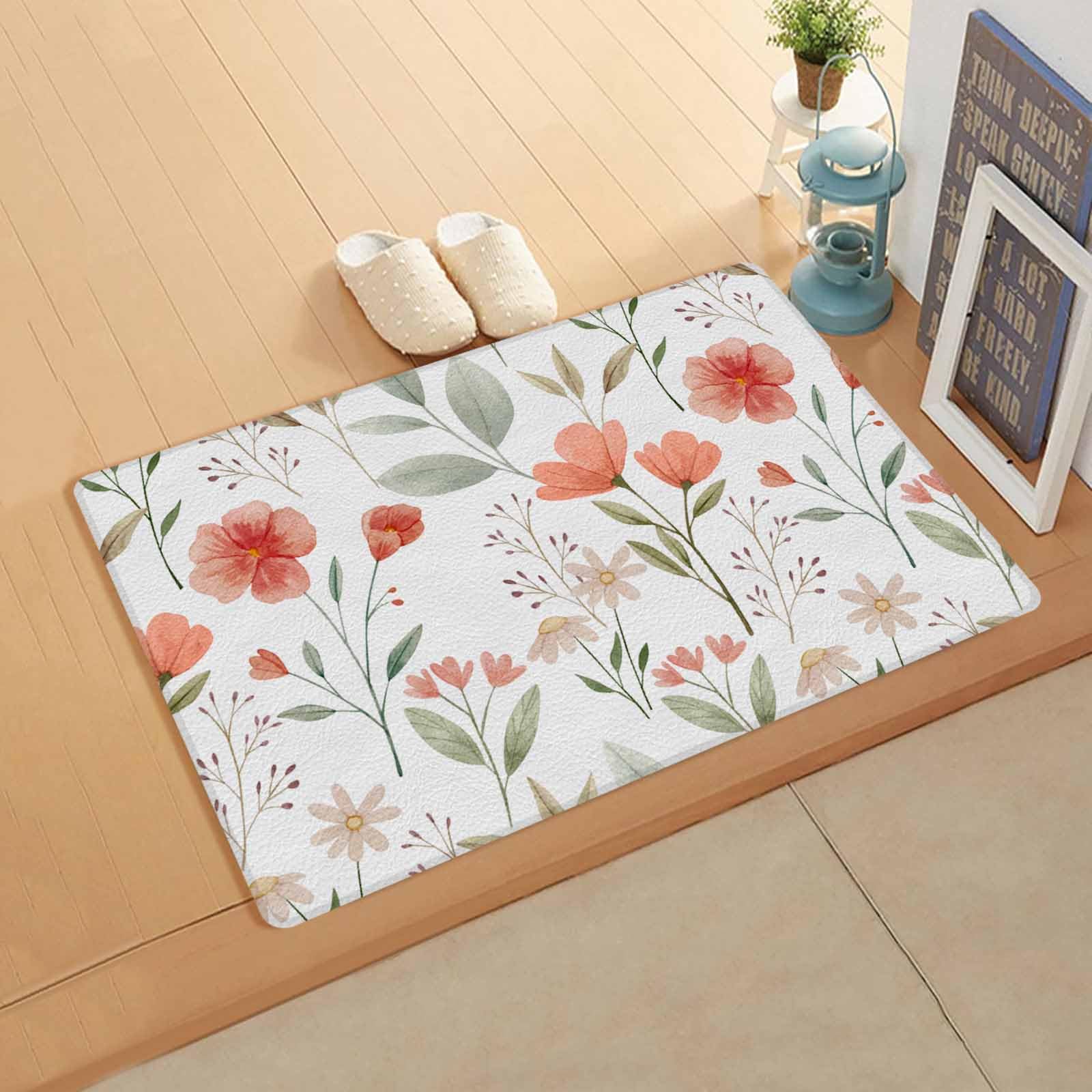 Botanical Wildflower Kitchen Bath Door Mat Cushioned Runner Rug,Washable Welcome Floor Sink Antifatigue Mat,Waterproof & Non-Slip Comfort Standing Doormat,Watercolor Floral Flower Leaves 24