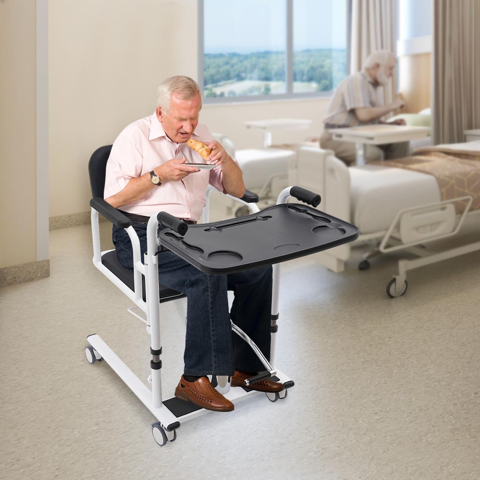 Silla de Transferencia Hidráulica para Pacientes y Mayores, Dividida a 180°, Sillón Multifuncional Altura Ajustable con Ruedas Universales, Mesa de Comedor y Maceta Portátil (Negro)