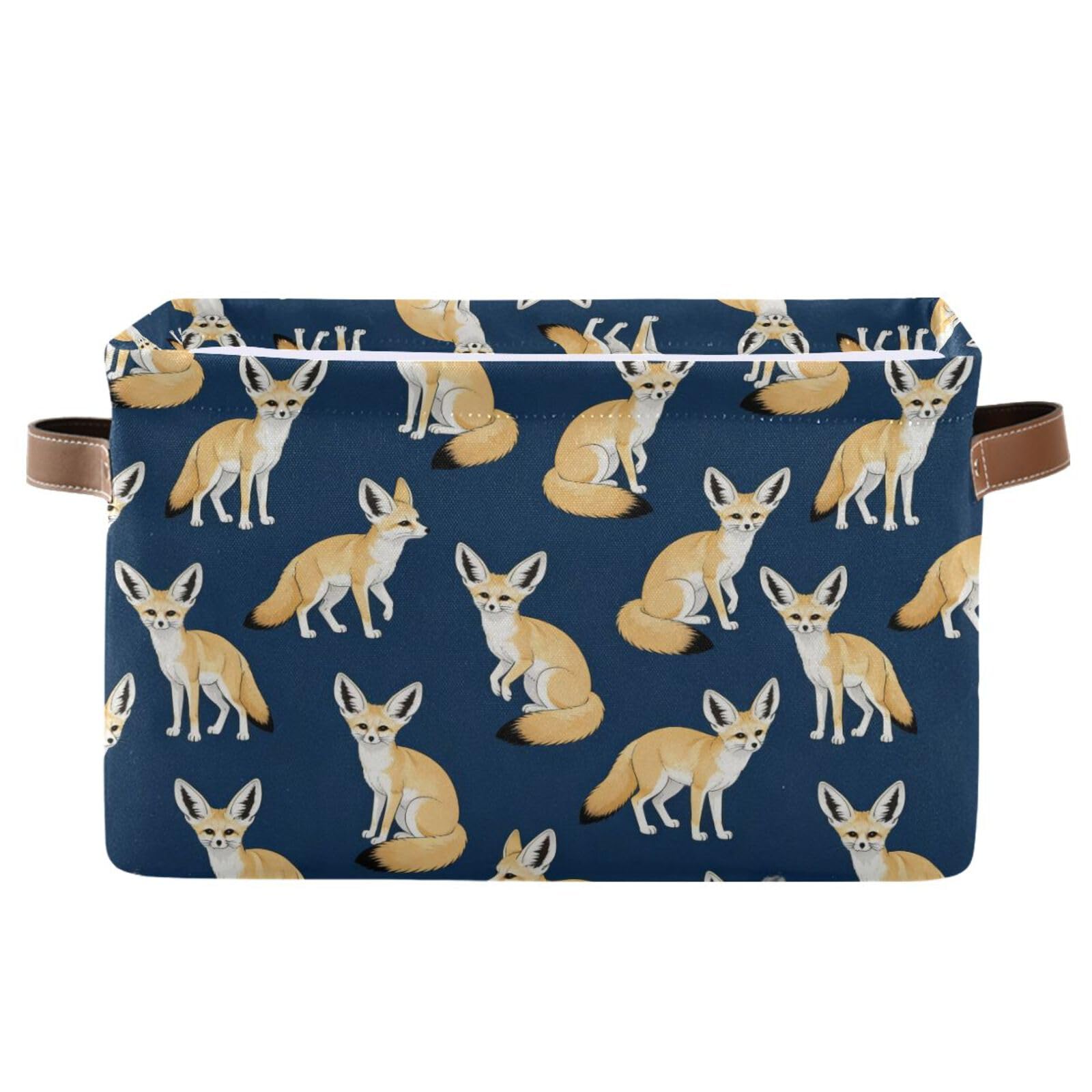 Navy Fennec Fox Serval Blue Storage Basket Canvas Fabric Foldable Storage Bins Boxes Organizer with Handles for Home 14×10×8.3 Inch 1 Pack