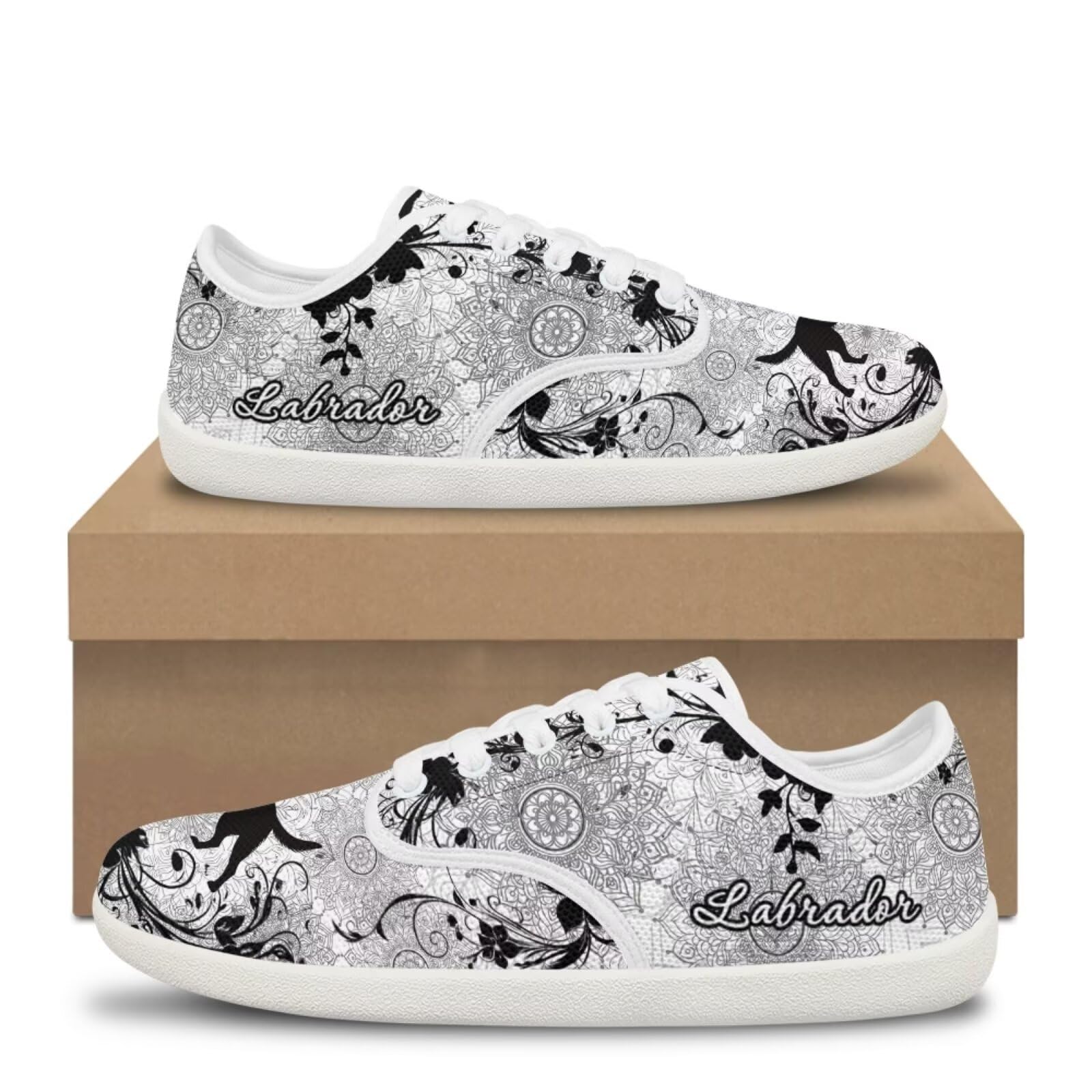 Howilath Ethnic Mandala Labrador Print Barefoot Shoes Women Lace up Loafers Shoes Walking Shoes Casual Breathable Shoes for Travel Camping Hiking