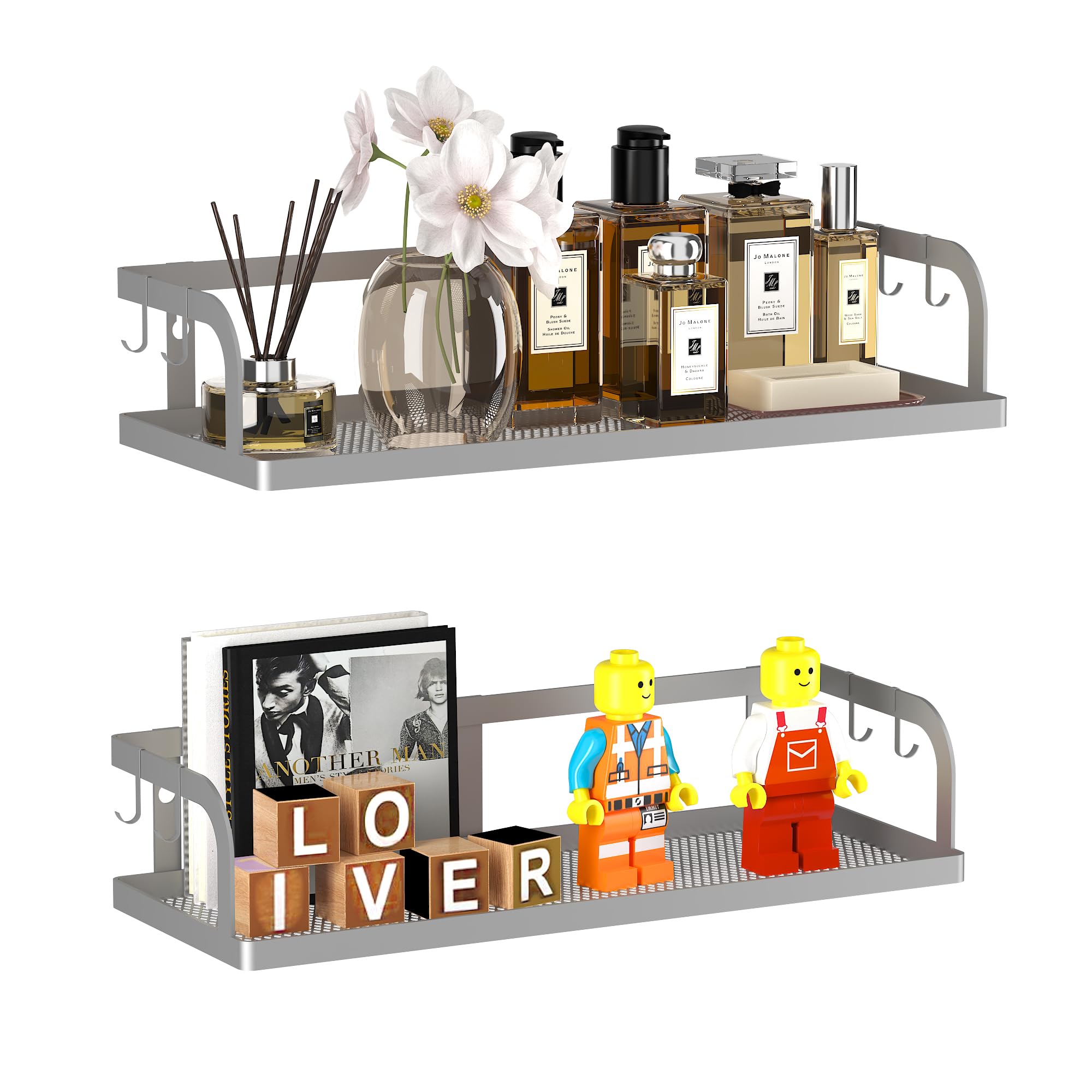 PUSDON Metal Wall Hanging Basket 2 Packs DIY Suitable for Multiple Scenes - Middle Silver Grey Hollowout