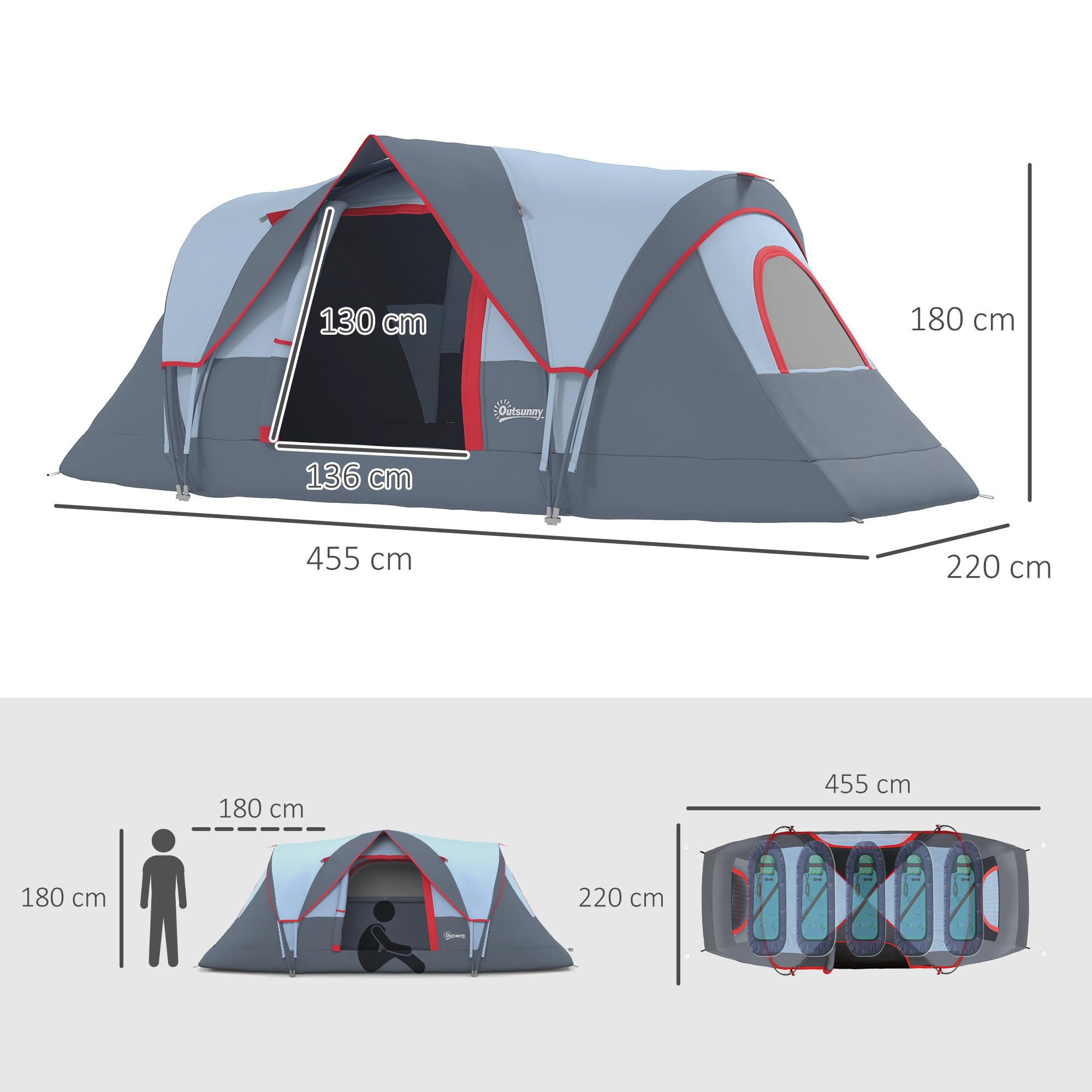 Outsunny Tente de Camping familiale 5 pers. - Tente tunelle ventilée Facile à Monter - Grande Porte + 2 fenêtres - 4,55L x 2,2l x 1,8H m Fibre Verre Polyester Oxford