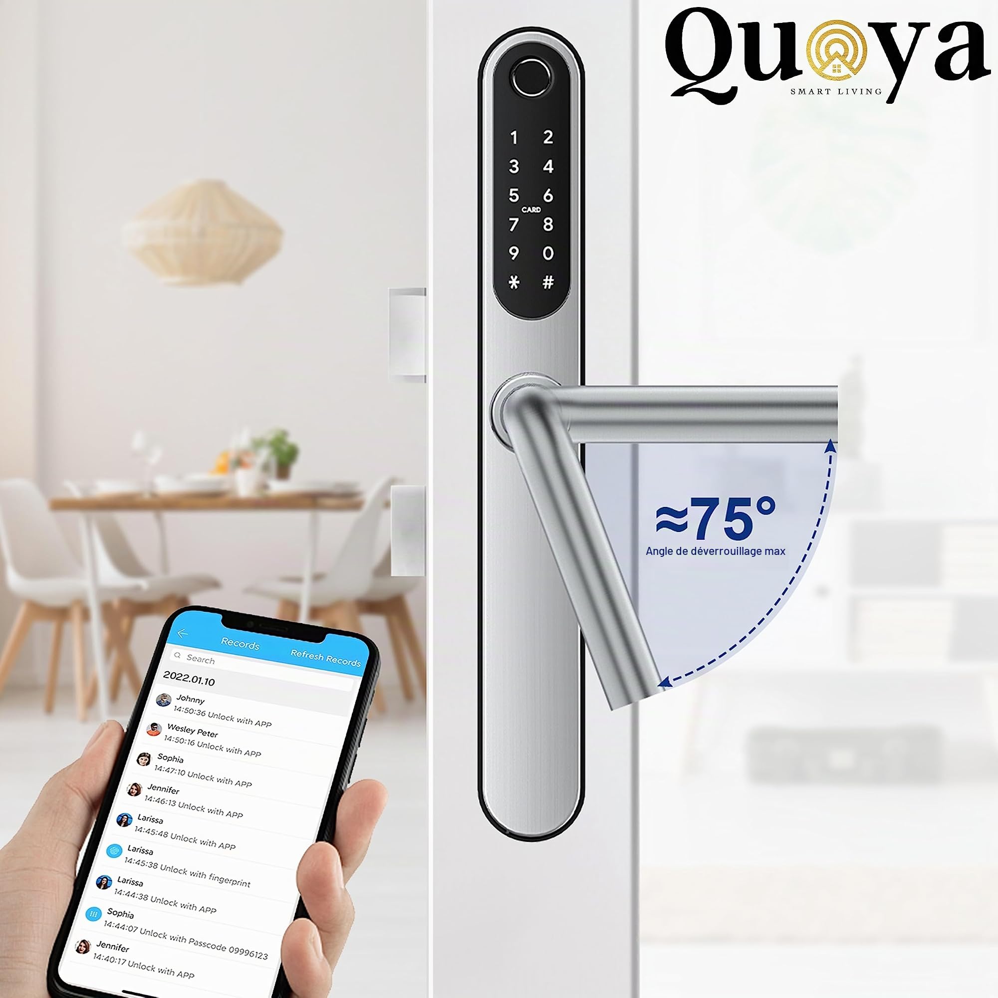 QUOYA D1 Poignée de serrure de porte intelligente, angle de rotation maximal de 75 °, étanchéité IP55, entrée sans clé, rétrofit fin, méthode de déverrouillage (empreinte digitale, carte RFID, broche