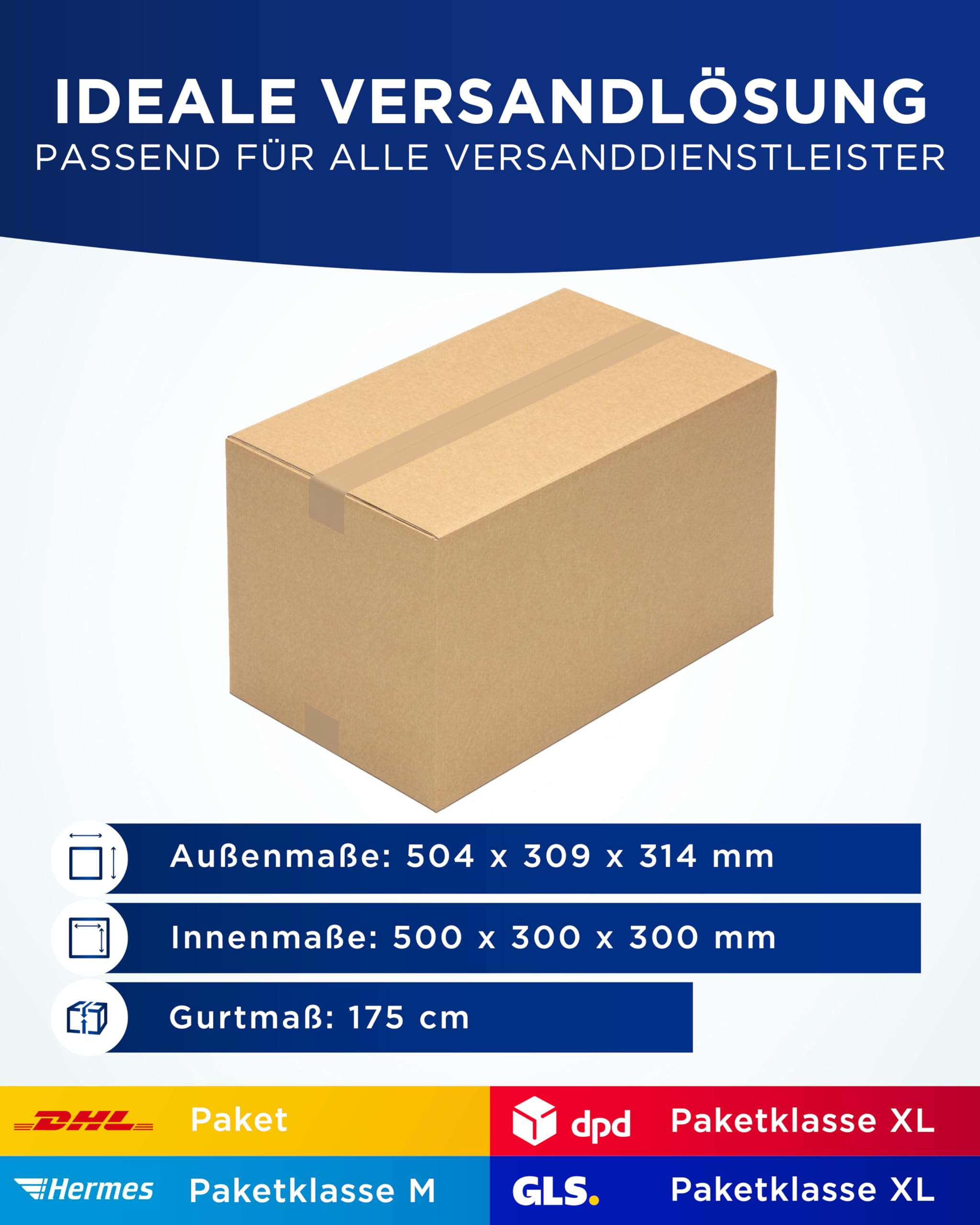 KK Verpackungen Versandkartons 500 x 300 x 300 mm Braun 1-wellig (Außenmaß 504 x 309 x 314 mm) | 20 Stück, Faltkartons Kartons für Versand als DHL Paket Hermes Paketklasse M DPD GLS Paketklasse XL