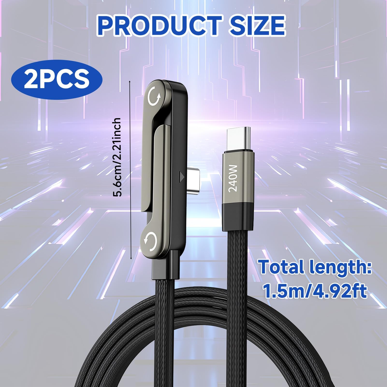 Pack 2 Cables USB-C a USB-C 240W Carga Rápida con Soporte Invisible Integrado, 1,5 m Cables Trenzado Alta Velocidad para Smartphones, Tablets y Laptops – Soporte Plegable Integrado para Oficina