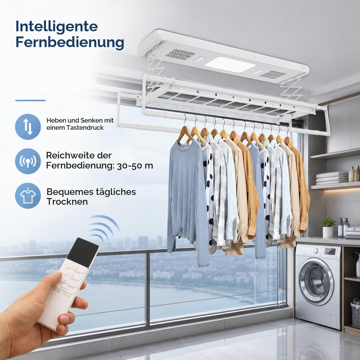 Elektrischer Wäscheständer Deckenmontage Mit Fernbedienung und LED-Licht,Verstellbare Länge und Höhe Wand und Decken Wäscheständer,Für Familien, Balkone, Wohnungen (Weiß)