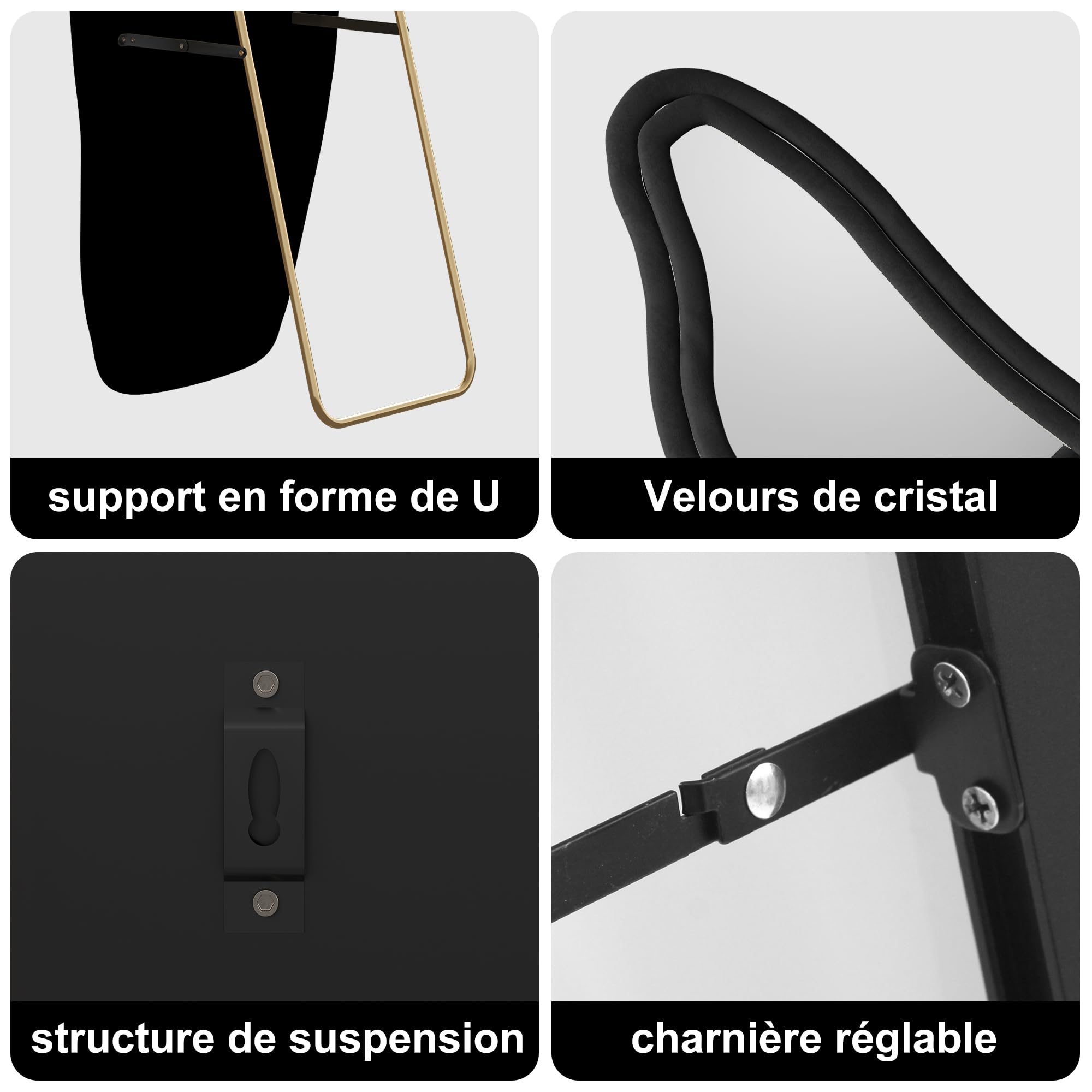 Specchio su irregolare,160x50cm,specchio a piena lunghezza,grande specchio da parete con cornice in velluto nero e supporto,da appendere,in piedi,inclinabile per camera da letto, soggiorno, ingresso