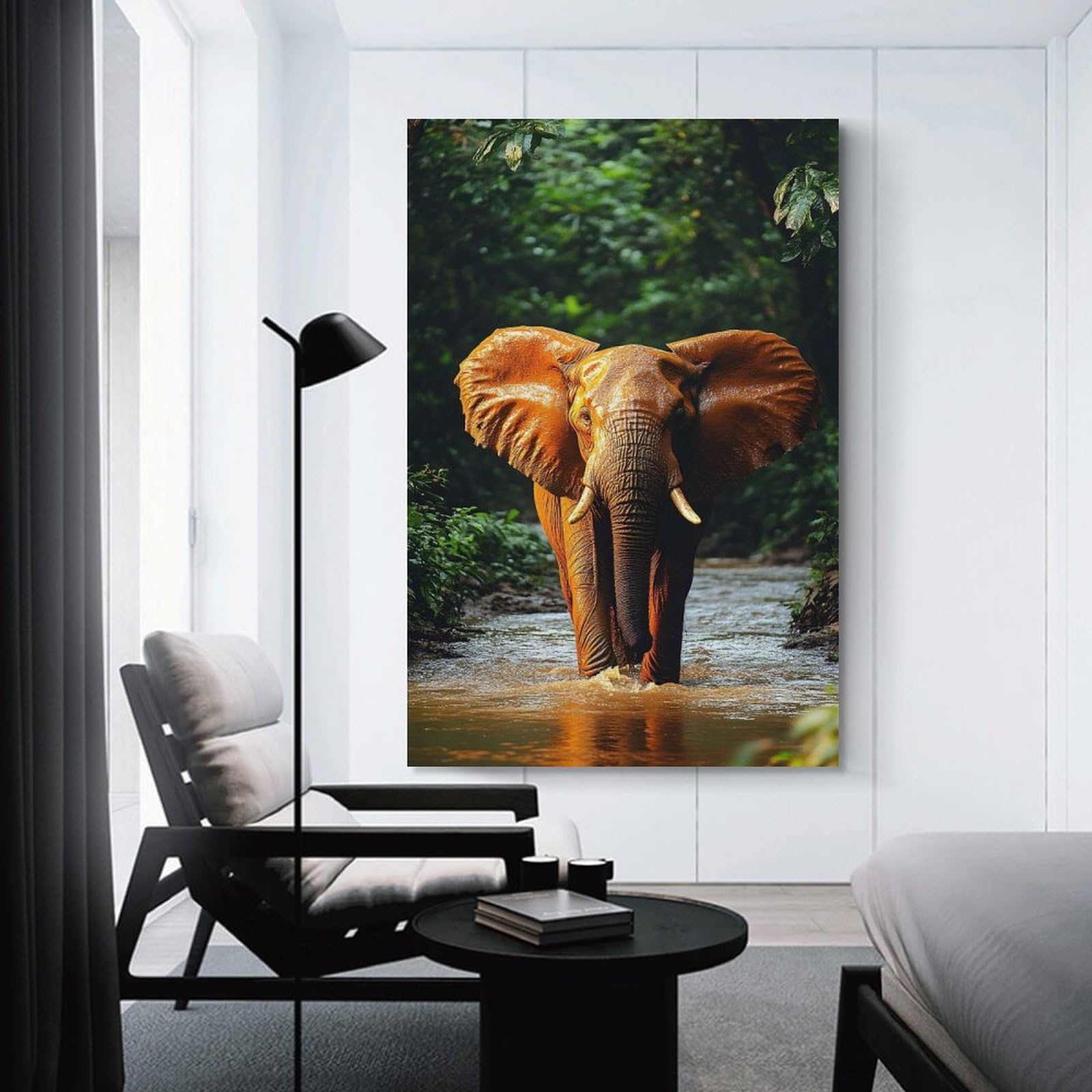 Junmoney Elephant Wading through River in Jungle Home Decor Wall Art 08x12inch(20x30cm), for Gallery Wall Layouts in Home Or Office, A Versatile Canvas Print for Layering