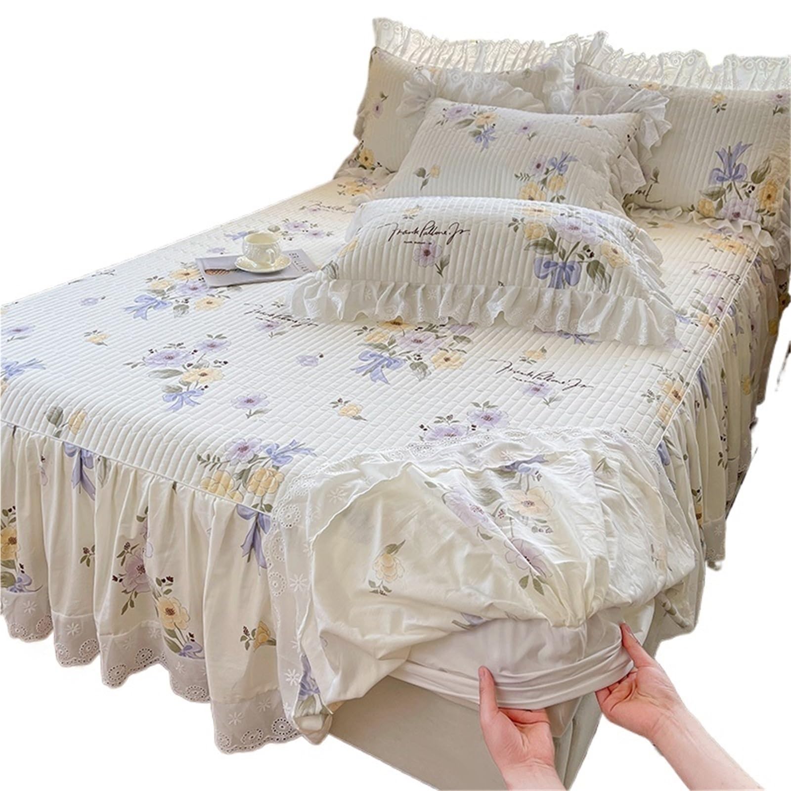 3Pcs Lace Ruffles Floral Pure Cotton Quilted Bed Skirt, Mattress Cover, Bedspread, Sheet, Fitted, With Pillowcases(Color5,200X220cm 3pcs)