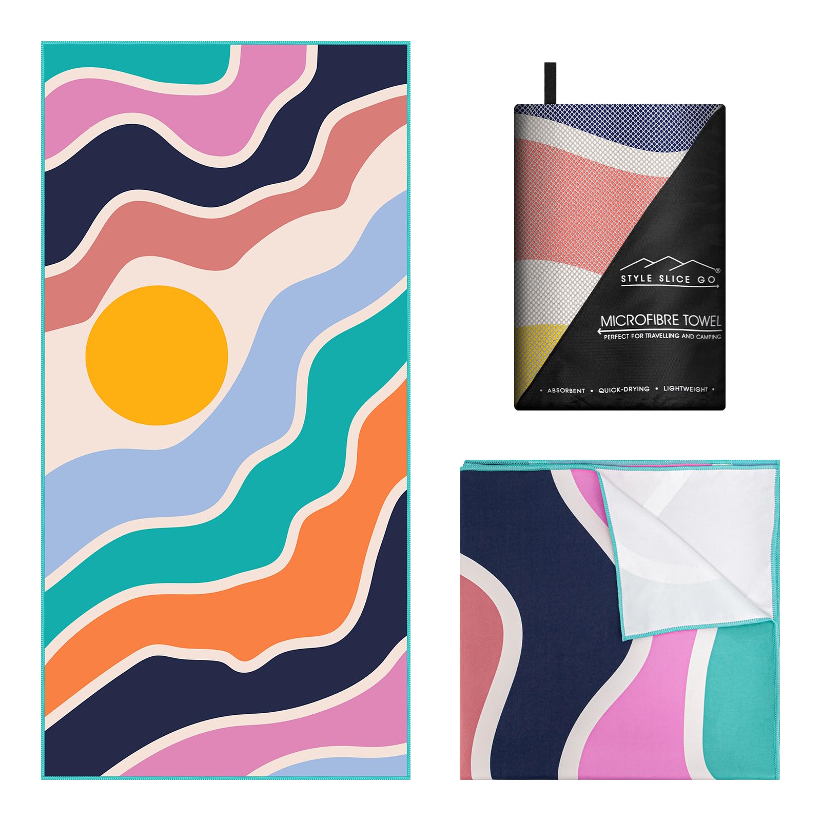Style Slice Beach Towel, Sand Free Quick Dry Lightweight Microfibre Beach Towel for Adults Includes Mesh Bag, Grey Stripe