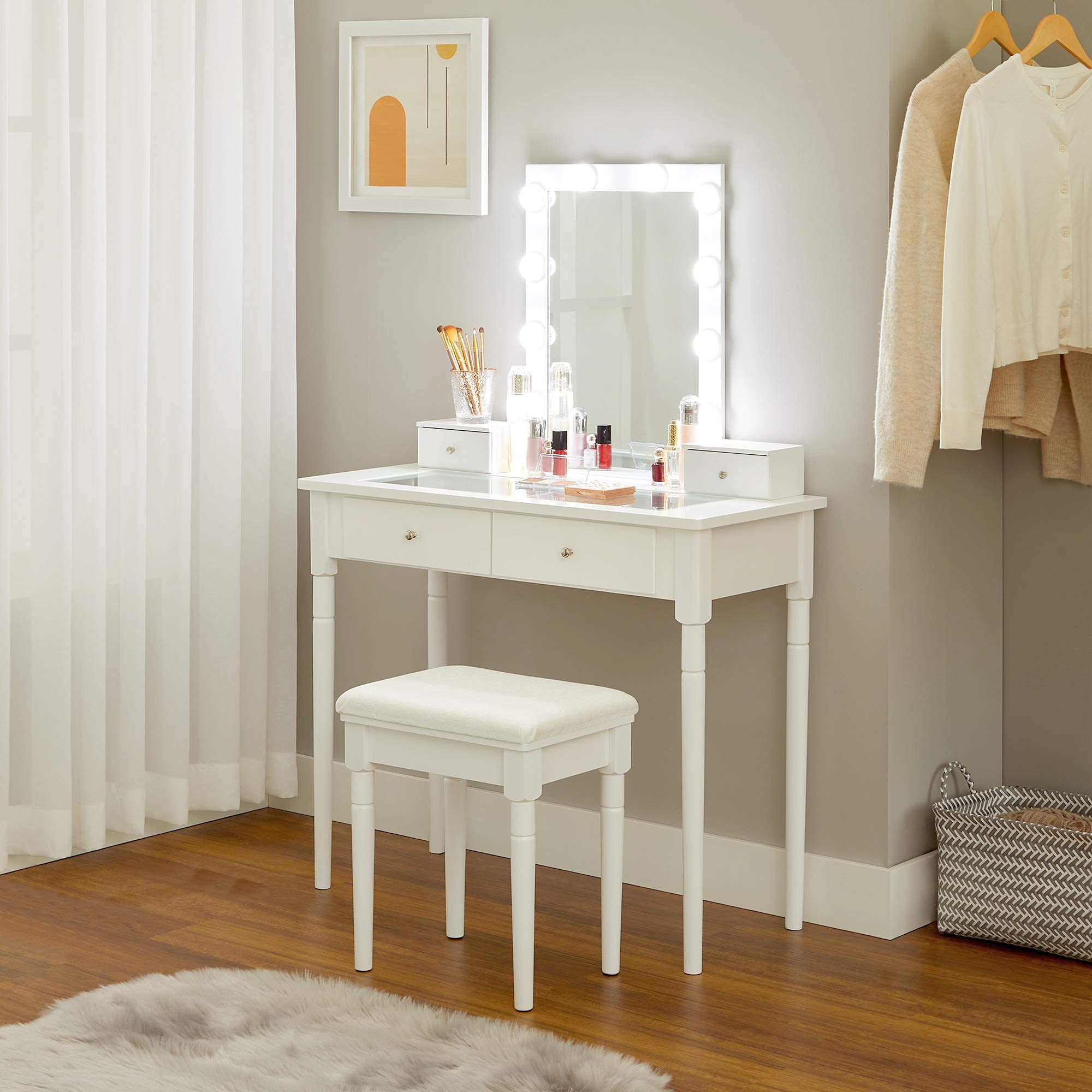 VASAGLE Kaptafel met spiegel en licht, make-uptafel, 110 cm breed, lade, verstelbare planken, stopcontact, sieradenopberger, voor slaapkamer, wolkenwit RDT634W01