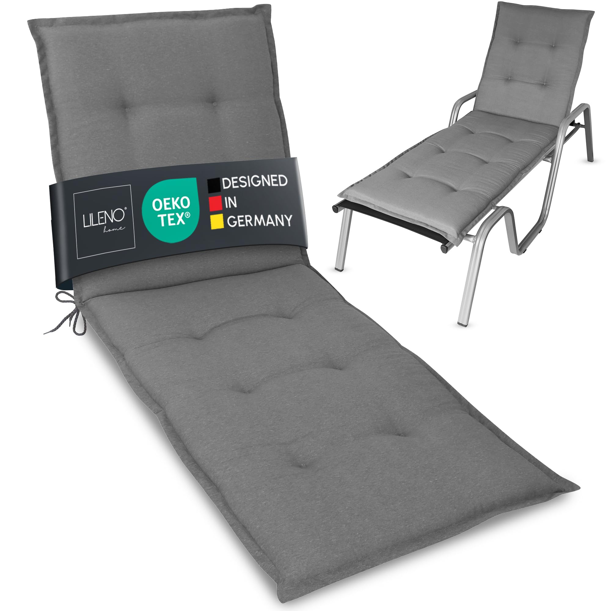 LILENO HOME Sonnenliege Auflage als 1. Set - Rollliege in Uni Mittelgrau (Tami) - Gartenliegen Auflage perfekt für Strandliege