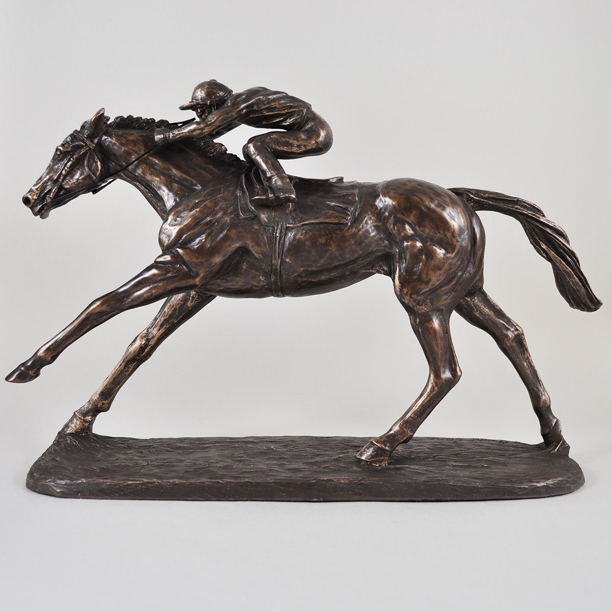 Fiesta Metallic On The Flat, By Harriet Glen. Cold Cast Bronze Horse Sculpture, With Jockey Racing Statue Home Decor Gift