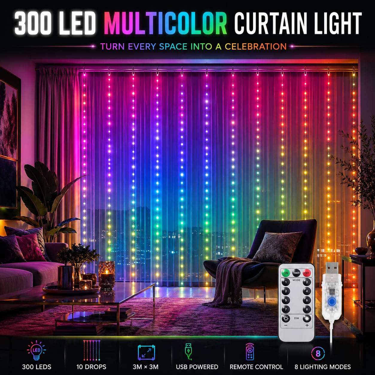 Gesto LED Curtain Lights - Multicolor Fairy Lights with Remote -4