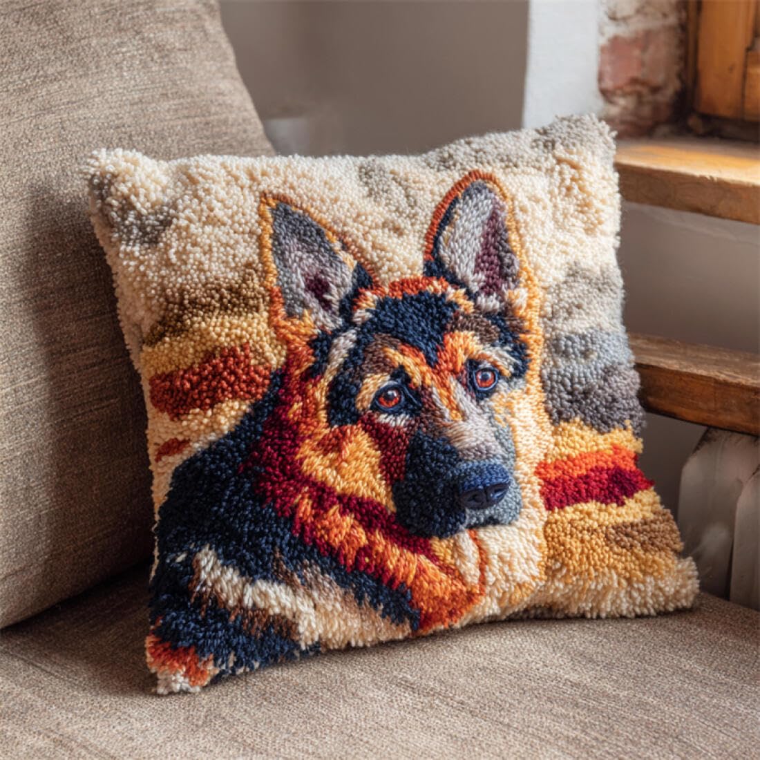 Kitquiver U Animal Latch Hook Cushion Craft Kits German Shepherd Portrait Diy Latch Hook Kits Pillow Needlepoint Cushion Kit For Home Décor Needlework Set For Adult Beginners 17X17in