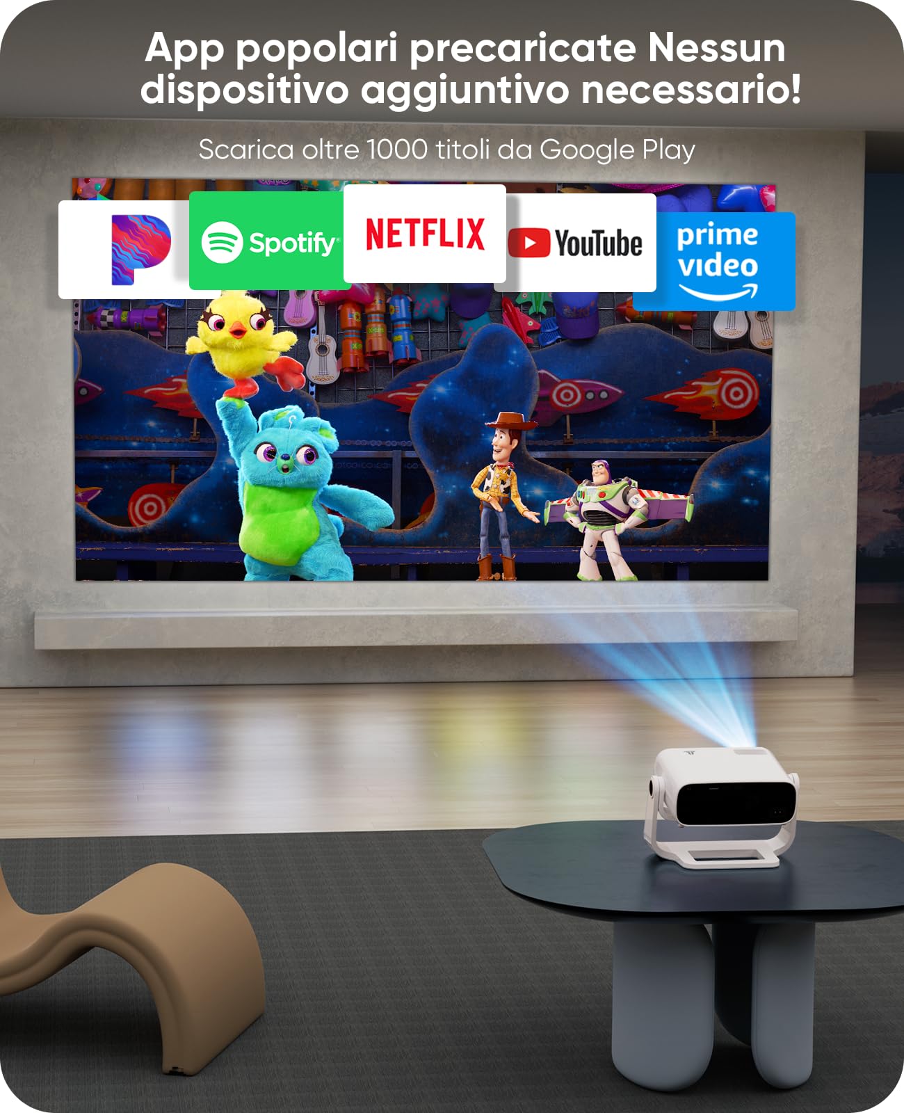 Proiettore intelligente Wielio Android 11, Supporto FHD 1080P 4K, WiFi6 & BT5.2, Basso Rumore (<30 dB), Supporto Regolabile a 120°, Messa a Fuoco Elettronica, Correzione Trapezoidale per Switch/PS5