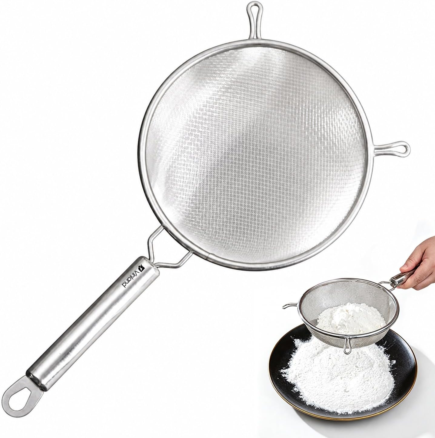 Fine Mesh Strainer 5.5 Inch, Stainless Steel Double Ear Sieve for Kitchen, Premium Metal Sifter for Baking Powder, Pasta, Soups, Sauces, and Stocks - Dishwasher Safe