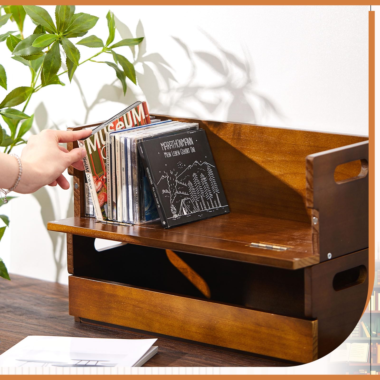 Namalu 2 Boîtes de Rangement en Bois pour CD Étagère de Rangement avec Poignées de Transport pour Boîtiers de Films DVDs Cassettes, Chaque Peut Contenir Jusqu'à 36 CDs, Marron