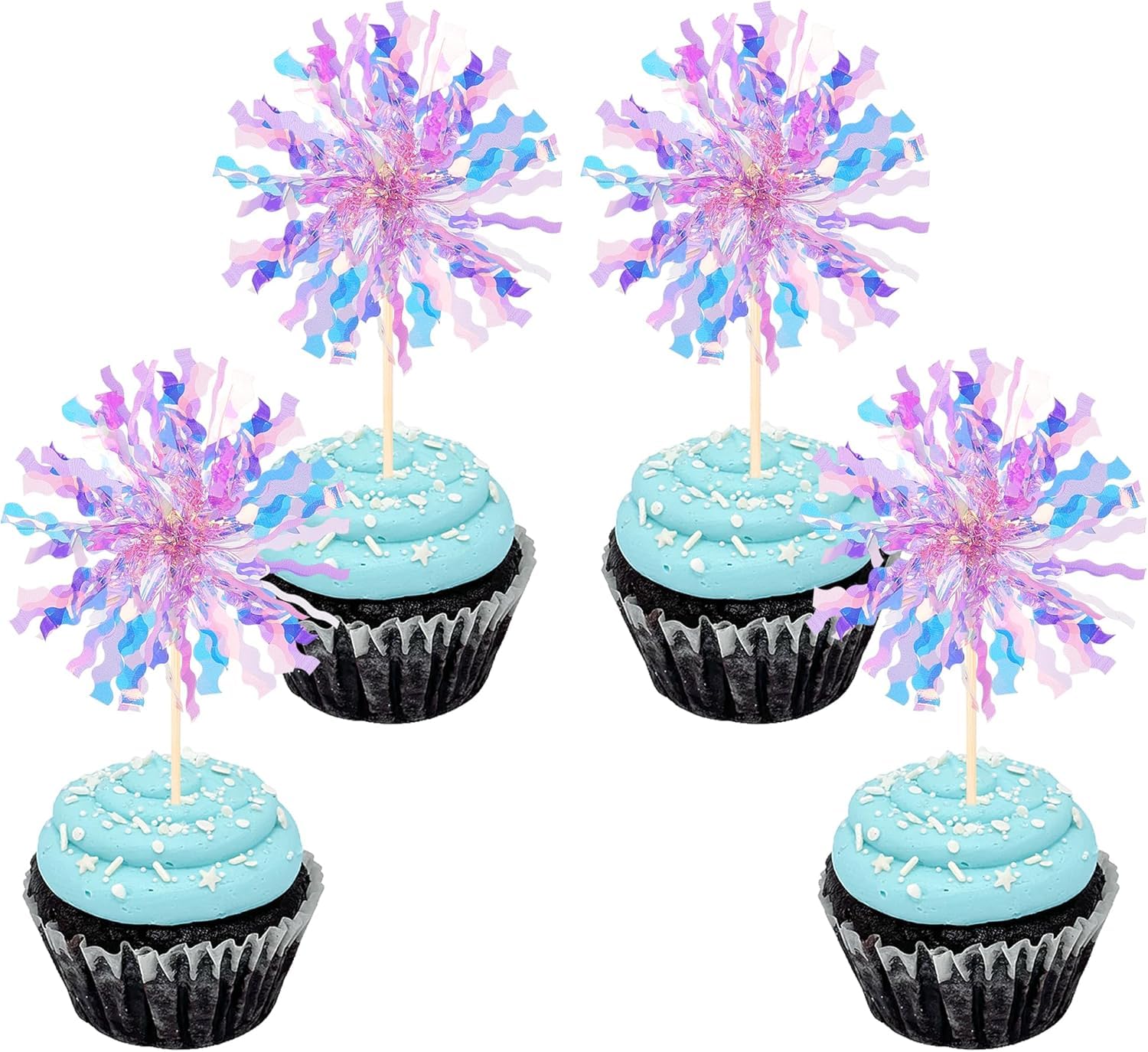 SYKYCTCY 30 Pack Foil Firework Cupcake Toppers Sparkle Tinsel Happy Birthday Cupcake Picks Drink Stirrers Cocktail Food Fruit Toothpicks Birthday Cupcake Decorations Party Supplies