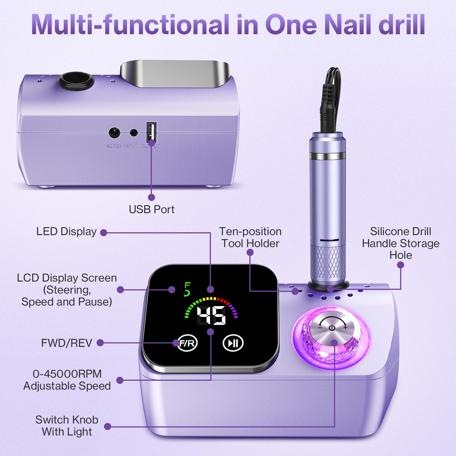 Ponceuse pour Ongles Professionnelle 45000 RPM 36 W, Ponceuse Ongles Portable avec Écran LCD & Support et 11 Embouts,Lime à Ongle Electrique Silencieux, Conçu pour Les Salons (violet)