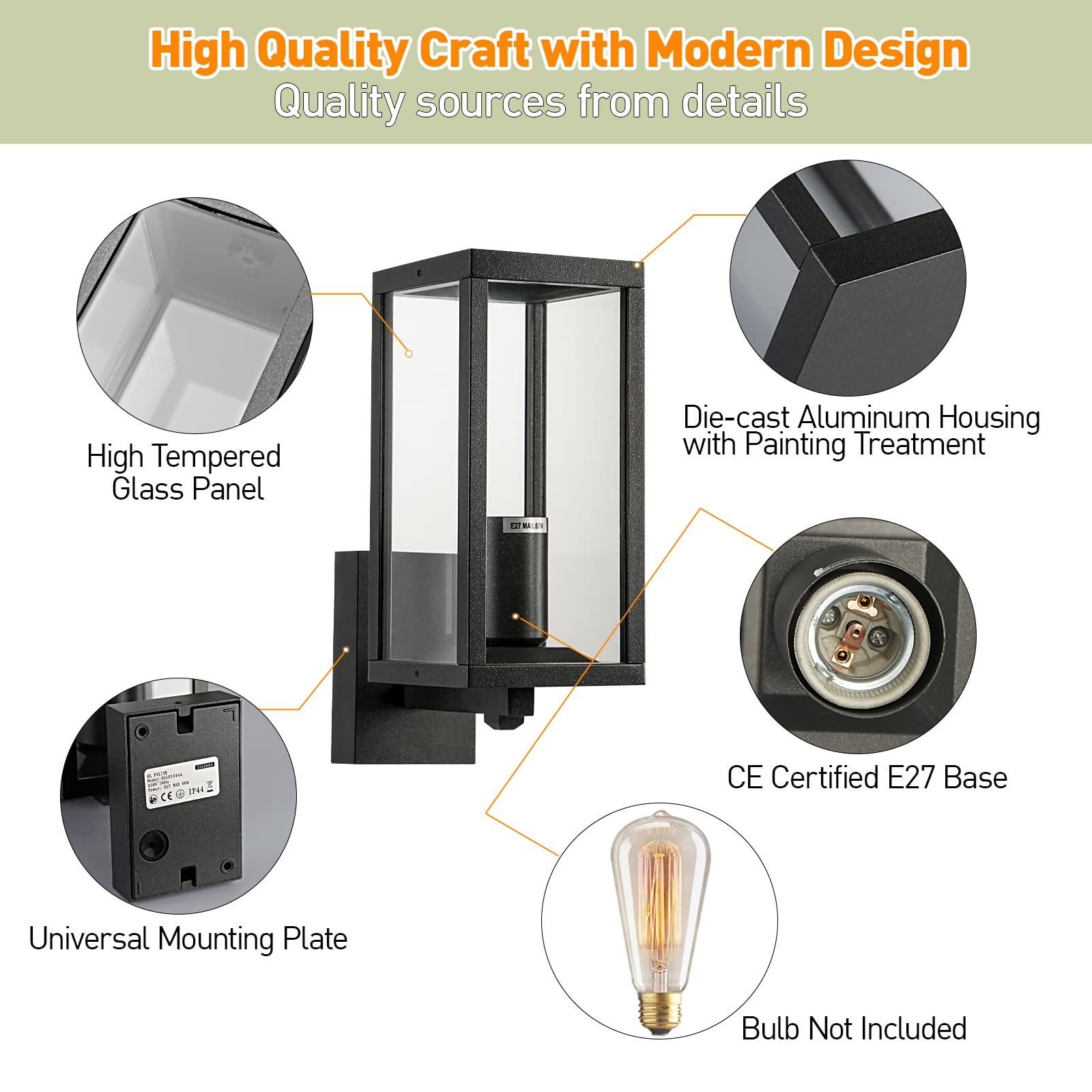 HLFVLITE Außenwandleuchte Hoflampe aus Aluminium und Glas, Wandlampe Außenleuchte in modernem, kubischem Design Hof & Garten– E27 Fassung für Halogen & LED, Max. 60W
