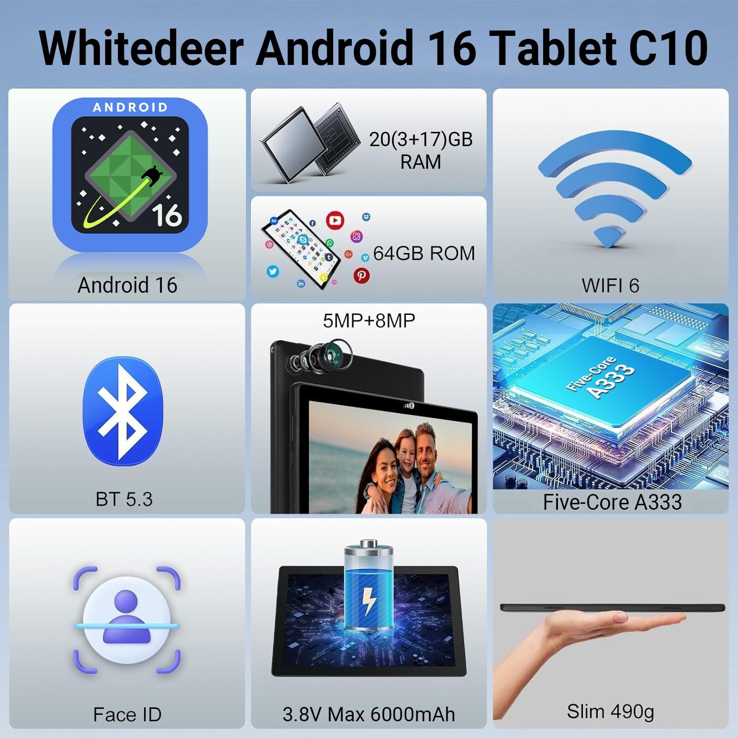 Whitedeer Tablet 10 pollici Android 16 20GB+64GB+1TB 1280*800 IPS WiFi 6 BT5.3 6000mAh Widevine L1 Nero