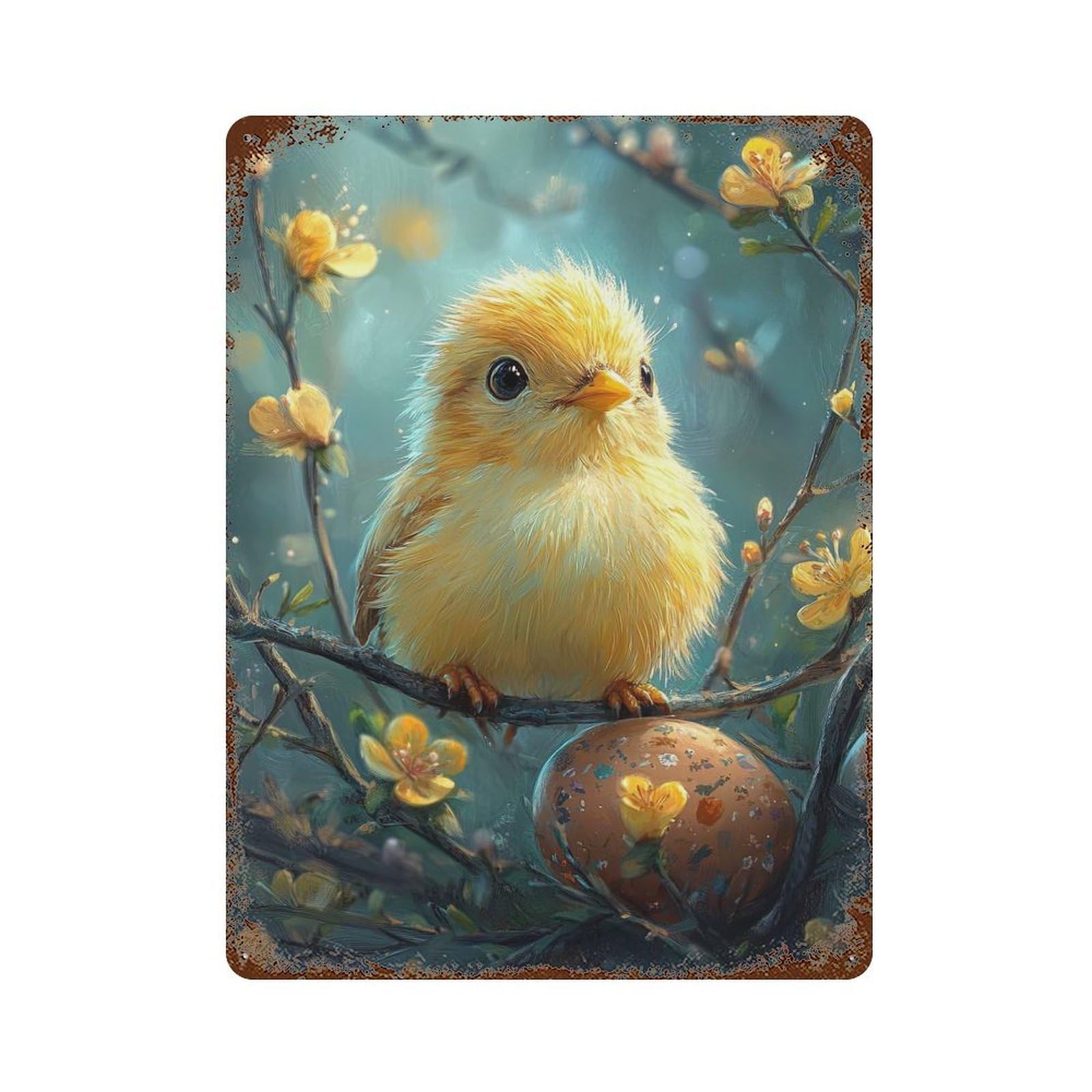 Cute Chick on Branch Decorative Tin Sign 15.7"x11.8", Retro Wall Decor for Living Room, Hallway And Home Decor