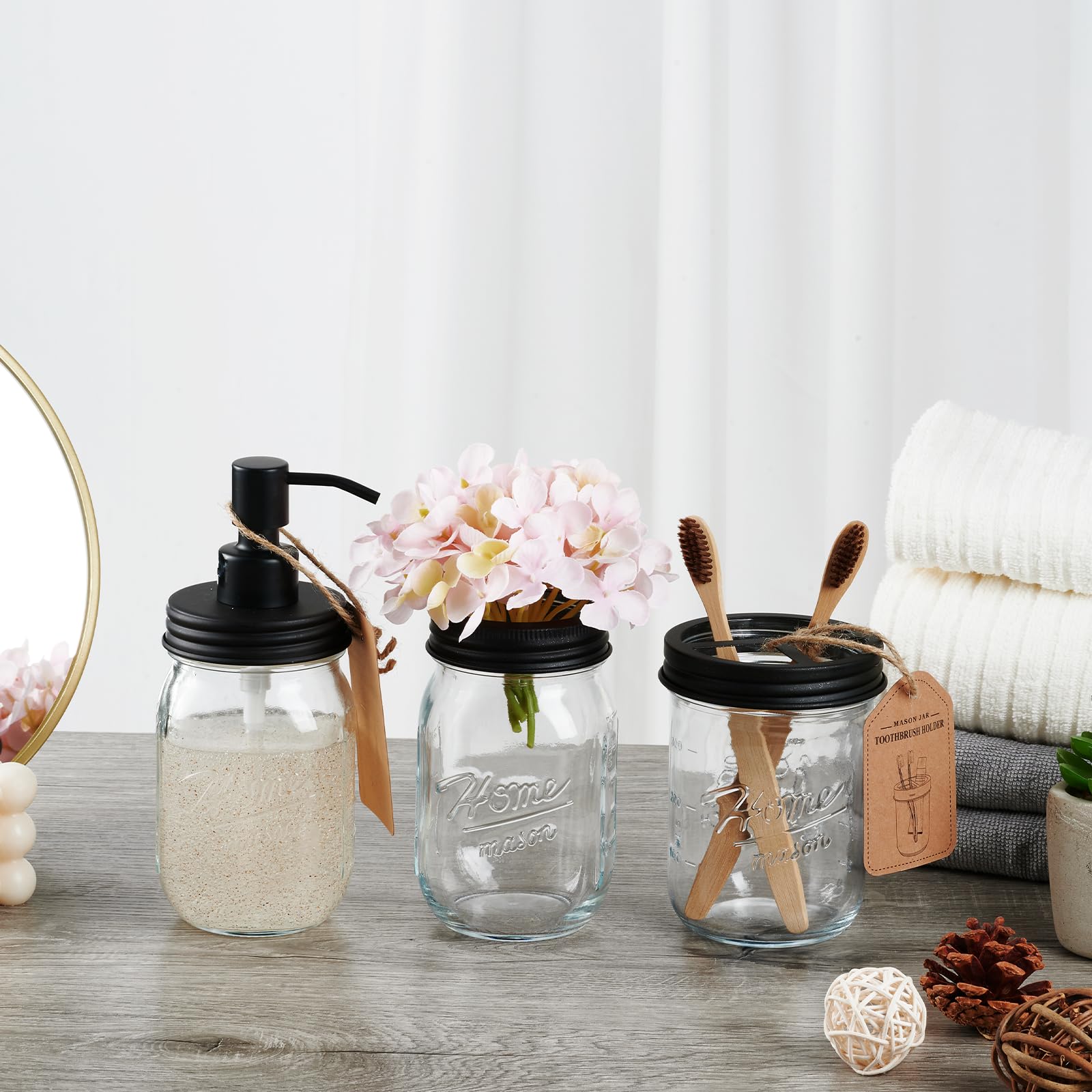 SheeChung Juego de accesorios de tarro Mason, juego de 2 accesorios de baño de vidrio, soporte para cepillo de dientes, dispensador de jabón de loción para decoración rústica de granja, decoración de
