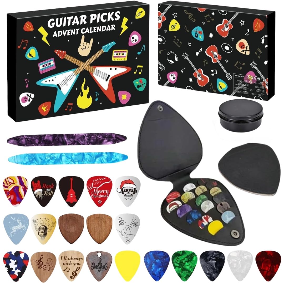 Calendario de Adviento 2025 con púas de madera y celuloide, juego de regalo de cuenta regresiva de Navidad para guitarristas, adultos y adolescentes, incluye estuche de almacenamiento para