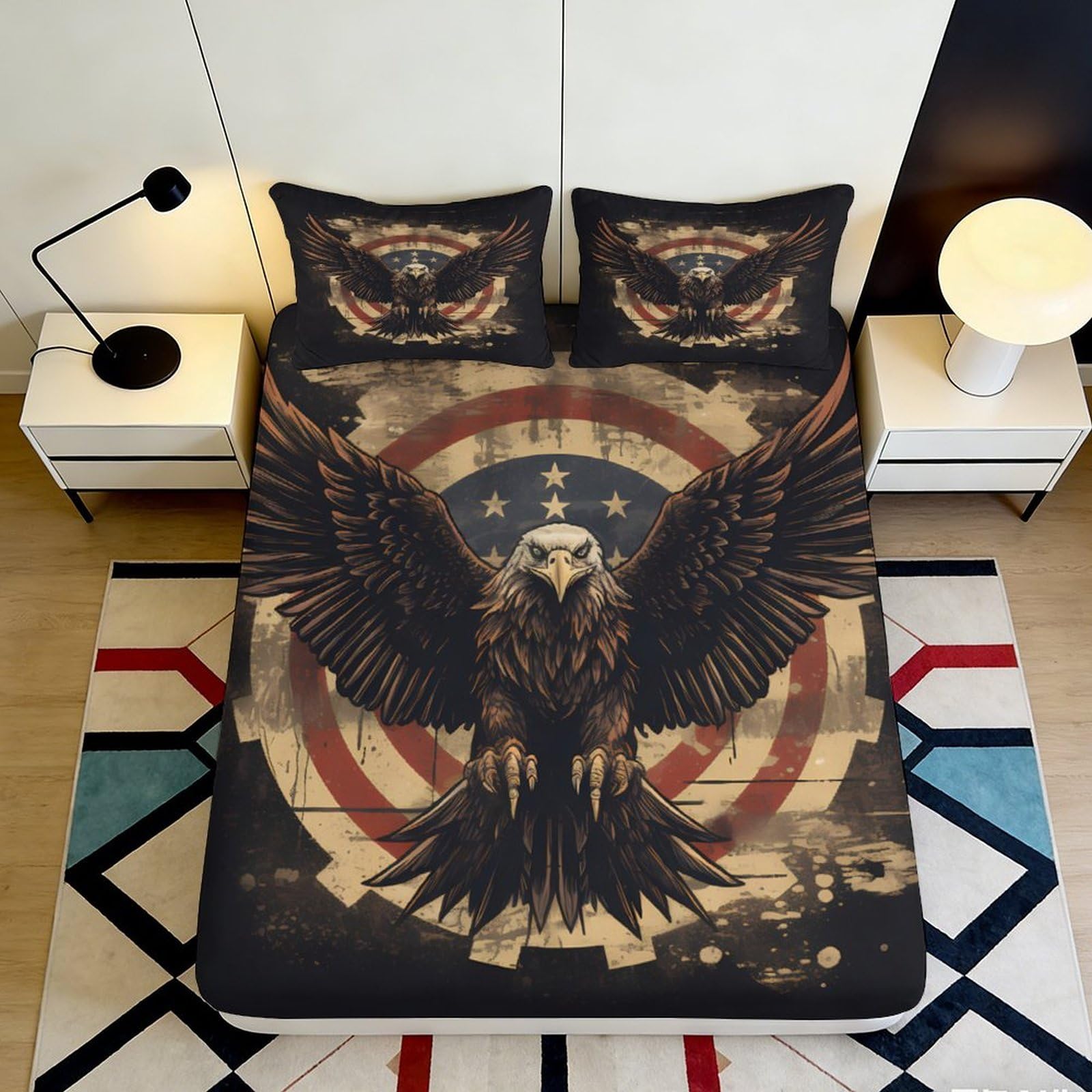 3D Printed Bald Eagle Fitted Sheet Microfiber Soft Breathable American Flag Bed Cover for Bedroom Dorm Decor Mattress Protection 90x200x25cm