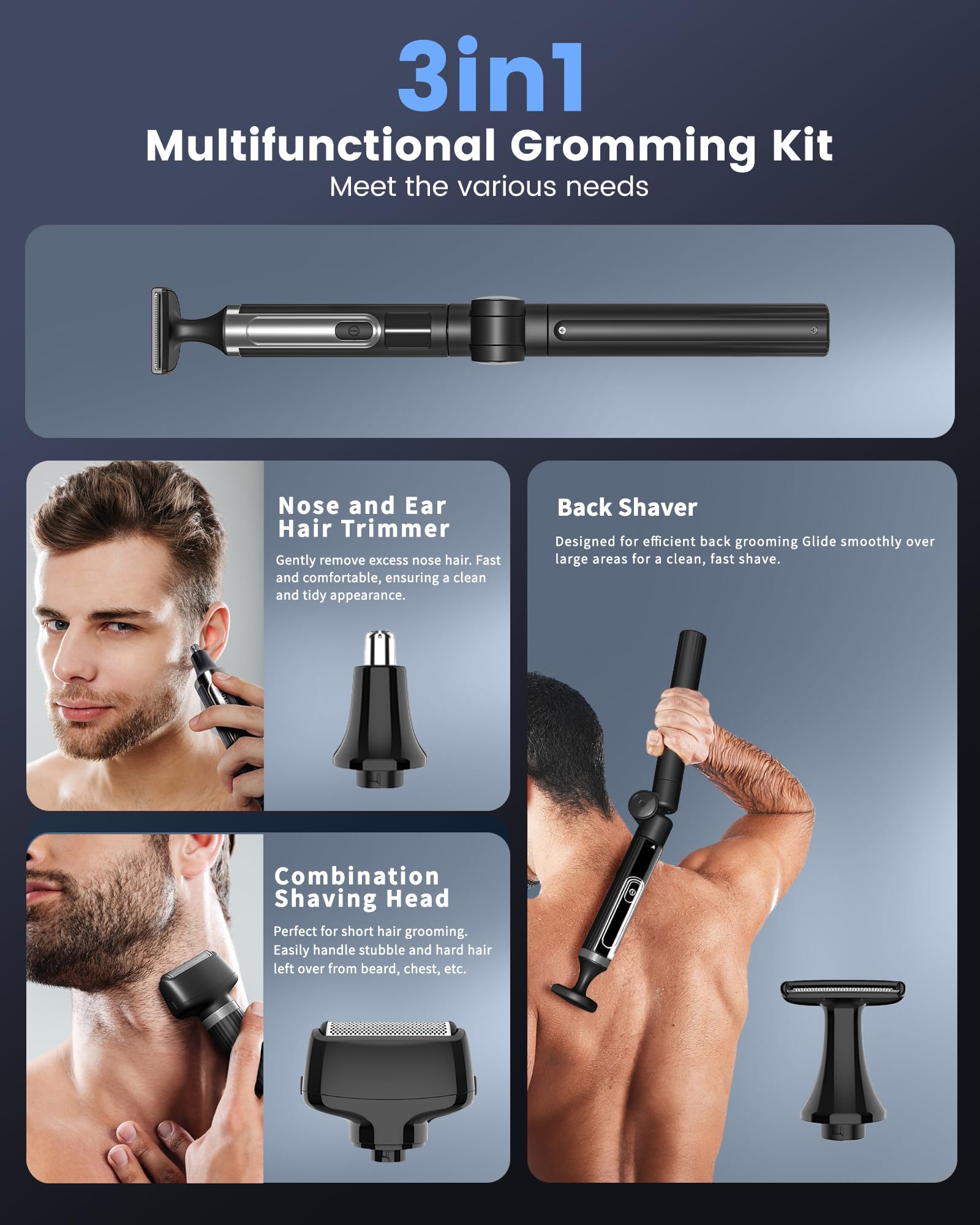 NUBACK Rückenrasierer Herren, 3 in 1 Mens Rasierer Herren, Trimmer for Herren mit Faltbarem Griff, Mens Back Shaver Elektrisch, Bodygroom Herren Sets with Wider Blade,Geschenk Mann