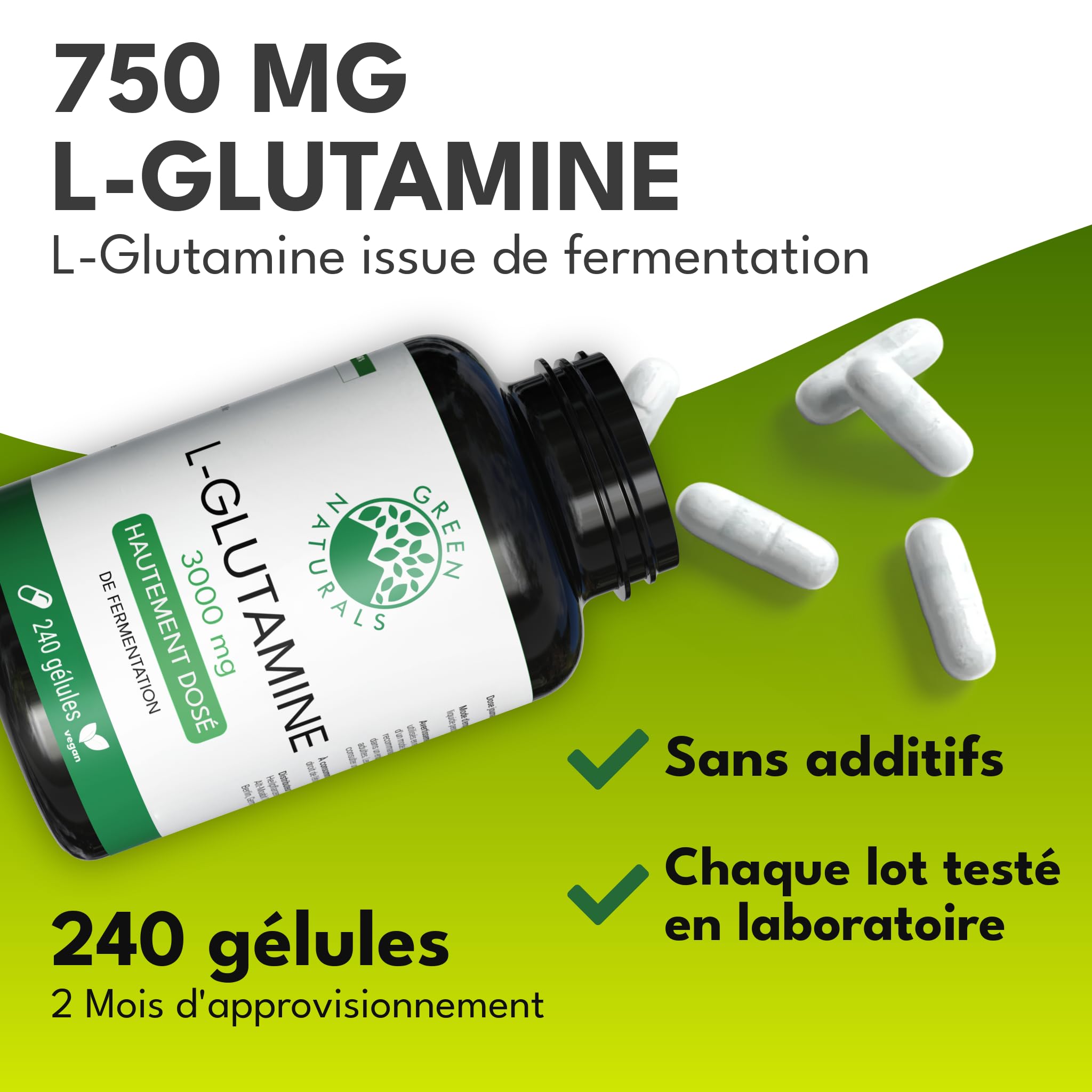 Green Naturals L-Glutamine 3 000 mg par jour – 240 gélules | Forme libre issue de fermentation · Vegan · Sans additifs · Cure de 2 mois