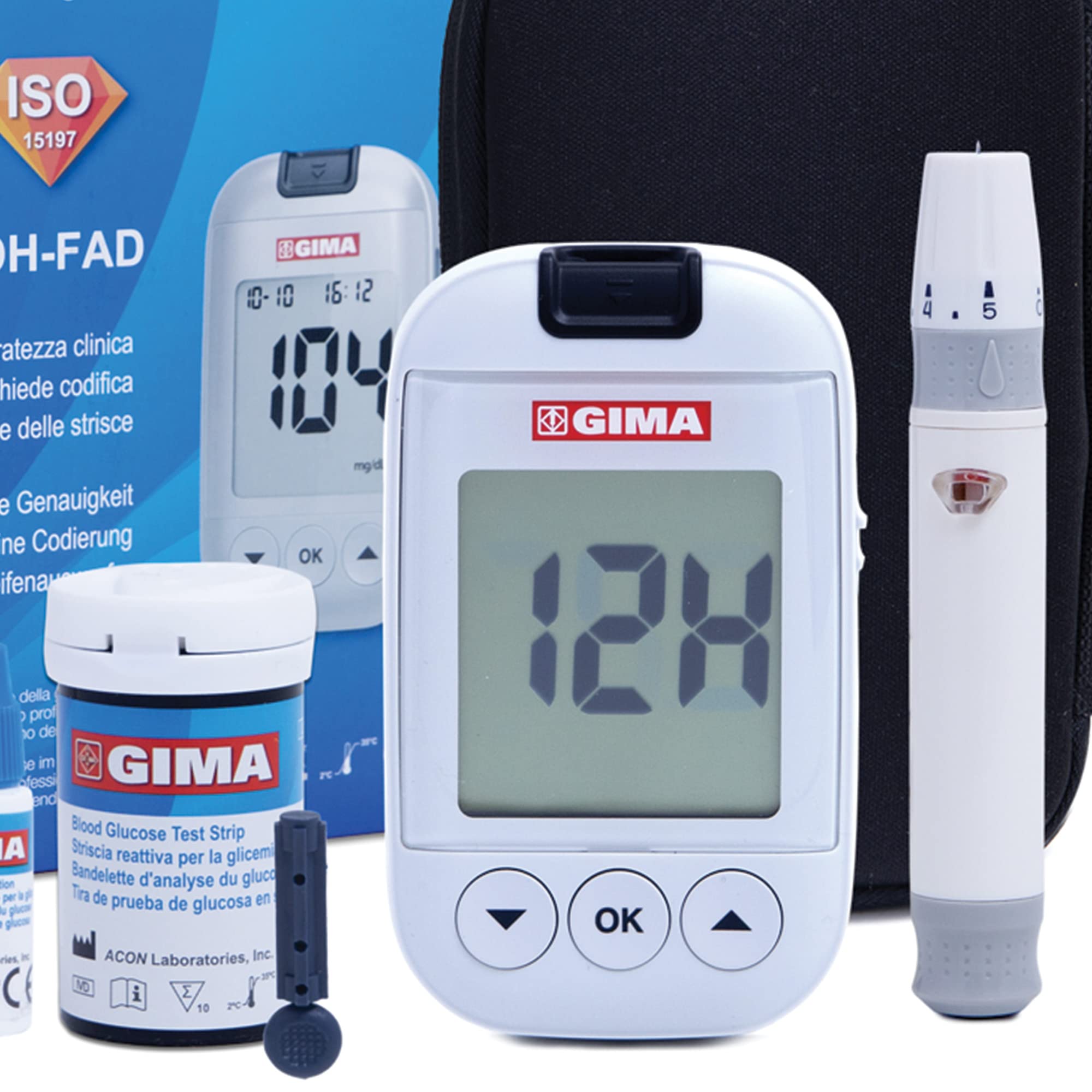 GIMA Misuratore Glicemia Glucometro Kit Completo Per Il Controllo e Il Monitoraggio Del Glucosio Nel Sangue Con 10 Strisce Soluzione Di Controllo 10 Lancette Sterili Penna Pungidito, IT,DE,GR,ES
