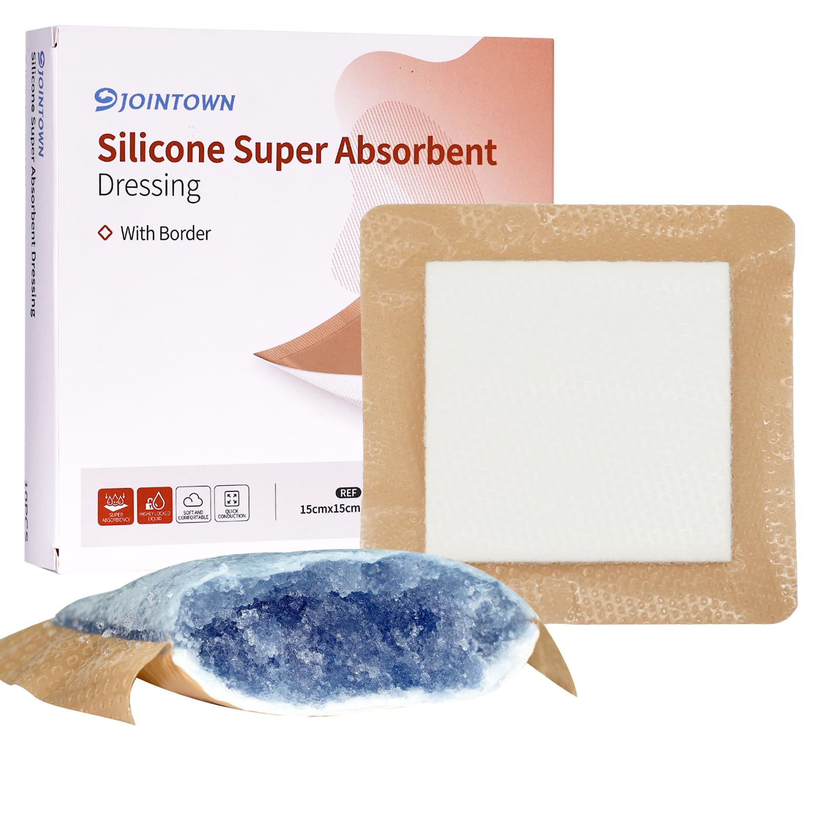 Jointown Upgraded Silicone Super Absorbent Dressing, Silicone Adhesive Wound Dressing Bandages, Heavy Exudate Wound Care Pads with Ultrasorb Polymer, Bed Sore Pressure Dressing, 6