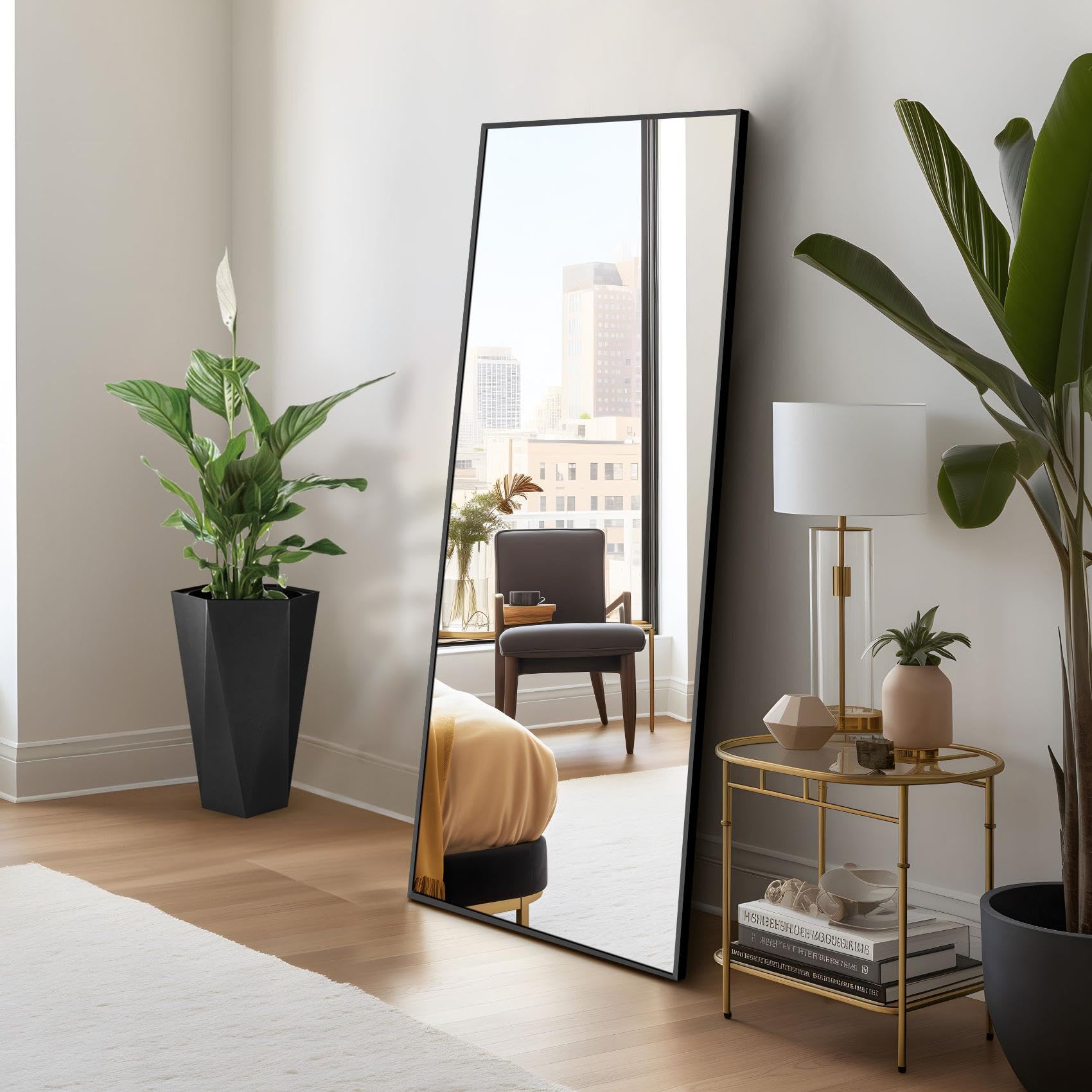Specchio da Terra, 147 x 44 cm Specchio Rettangolare con Cornice in Alluminio Nero per Bagno, Camera da Letto, Ingresso e Corridoio