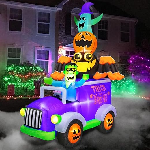 BLOWOUT FUN 8ft Halloween Inflatable Horror Frankenstein Driving A Car with Spider, Pumpkin and Ghost, LED Blow Up Lighted Decor Indoor Outdoor Holiday Art Decorations