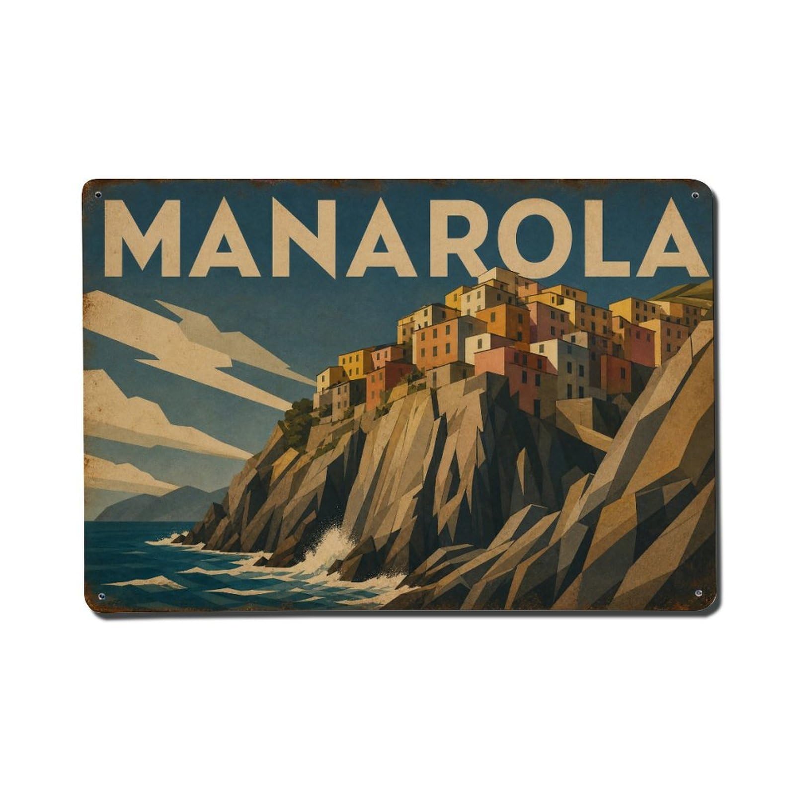 Vintage Travel Manarola Rocks Coastal Formation Italy Metal Tin Sign