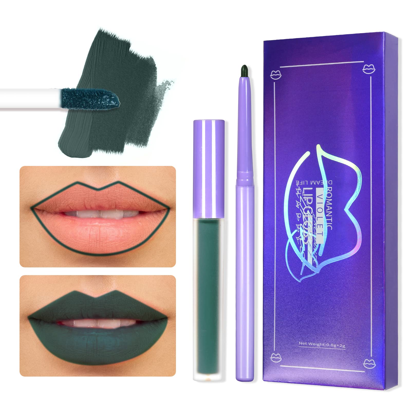 DAGEDAMatte Liquid Lipstick, 2Pcs Lip Liner and Lipstick Set, Waterproof Long-lasting Matte Lipstick Makeup Set, Non-Stick Cup Velvety Lip Stain Lip Gloss, Halloween Makeup Lipsticks Set (Green)