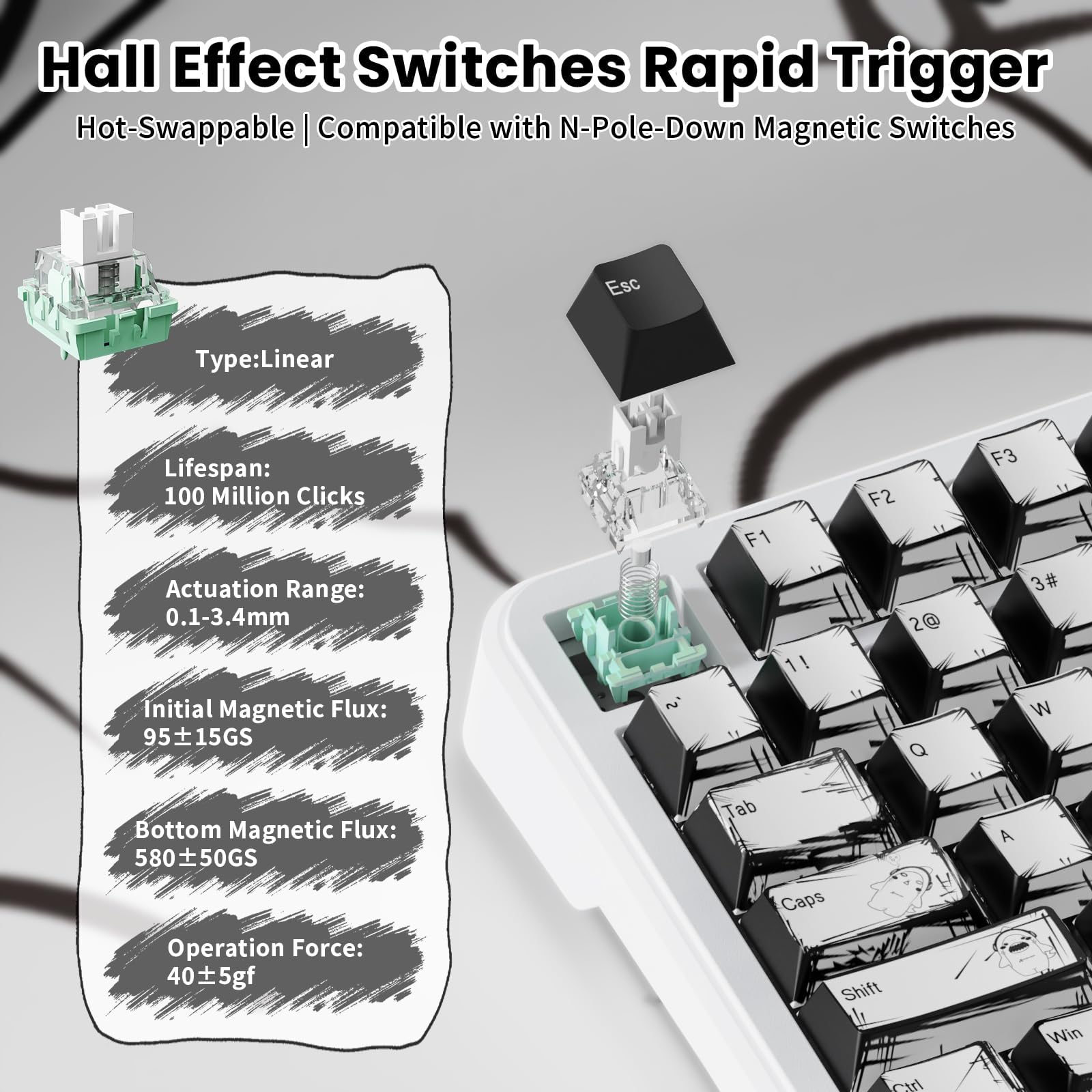 ATTACK SHARK X82PRO HE Tastiera Magnetica Wireless 75% con Attivazione Rapida, Tastiera da Gaming Cablata 8000, Switch Hall Effect a Corsa Regolabile, QWERTY, C01 Cavo Spiralato RGB –Comic