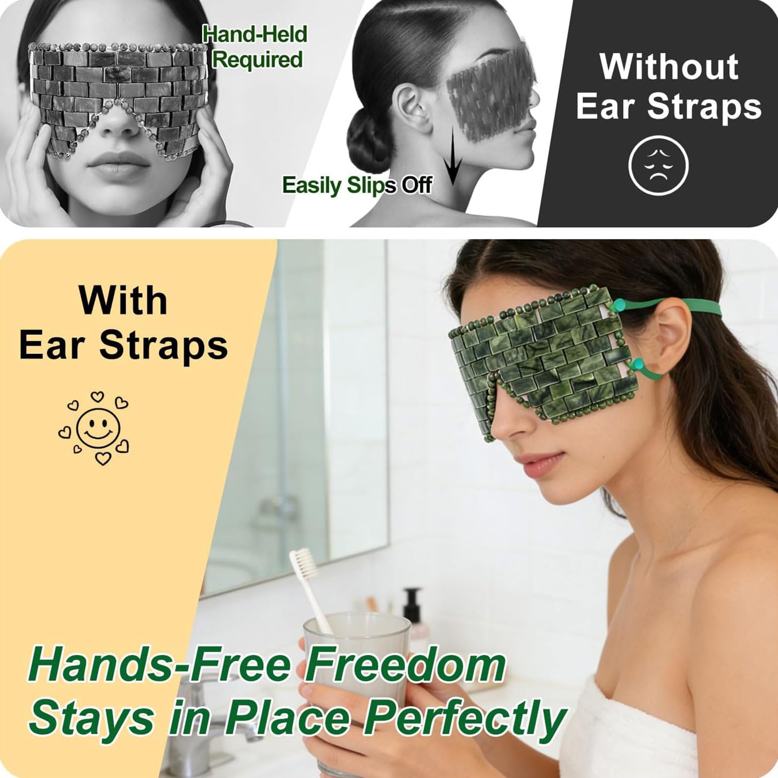 gemshan Maschera per occhi in giada con cinturino regolabile per le orecchie, 100% vera gemma naturale, maschera facciale riutilizzabile in giada per alleviare il gonfiore, impacco caldo freddo per