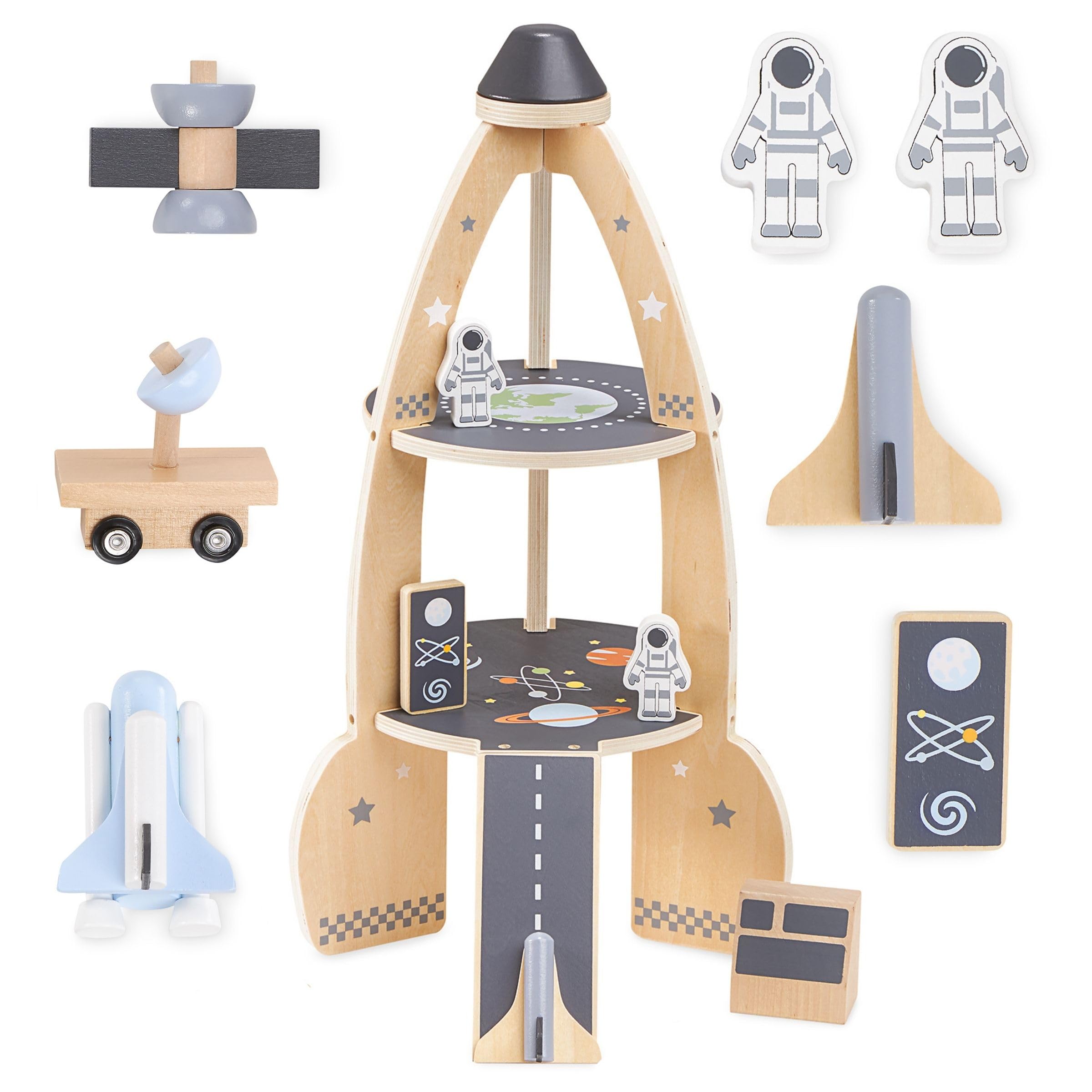 mamabrum Holz-Rakete Spielzeug Set mit Astronauten, Raumschiff & Weltraum-Zubehör - Pädagogisches Rollenspiel für Kinder ab 3 Jahren - Sicheres Holzspielzeug (8 Teile)