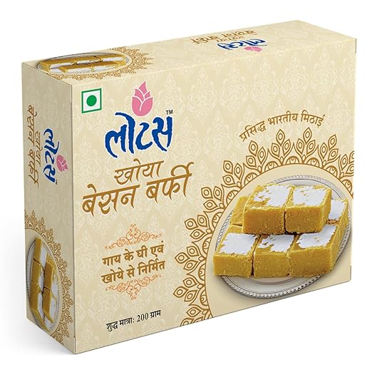 Lotus Khoya Besan Barfi Sweet 200 g Box | Made with Cow Ghee | Indian Mohanthal Sweets | Chana Burfi | Pack of 1