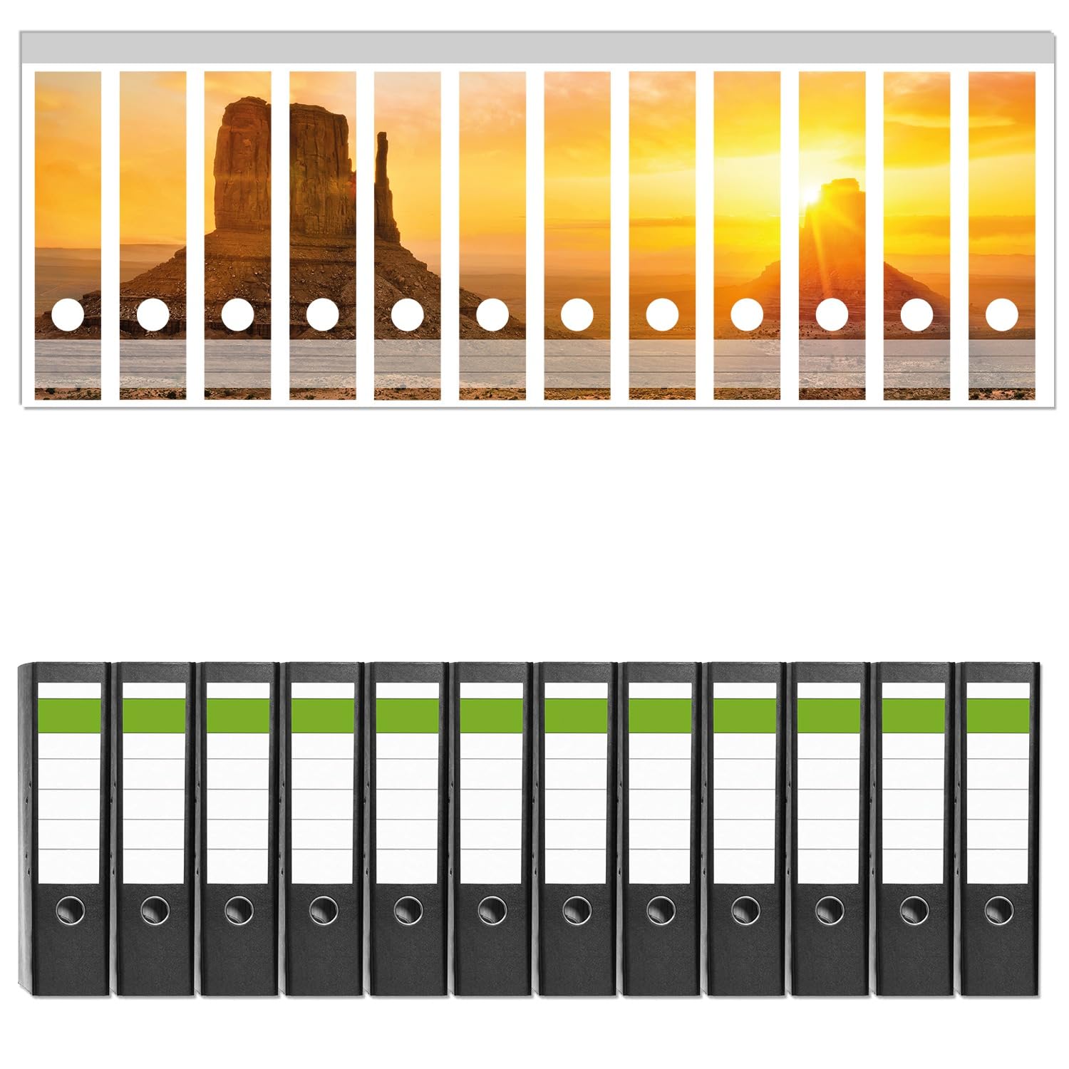 Wallario 12 Stück breite Ordner inkl. Klebeetiketten mit Motiv Monument bei Sonnenuntergang - Set mit Rückenschildern/Ordnerrücken Stickern