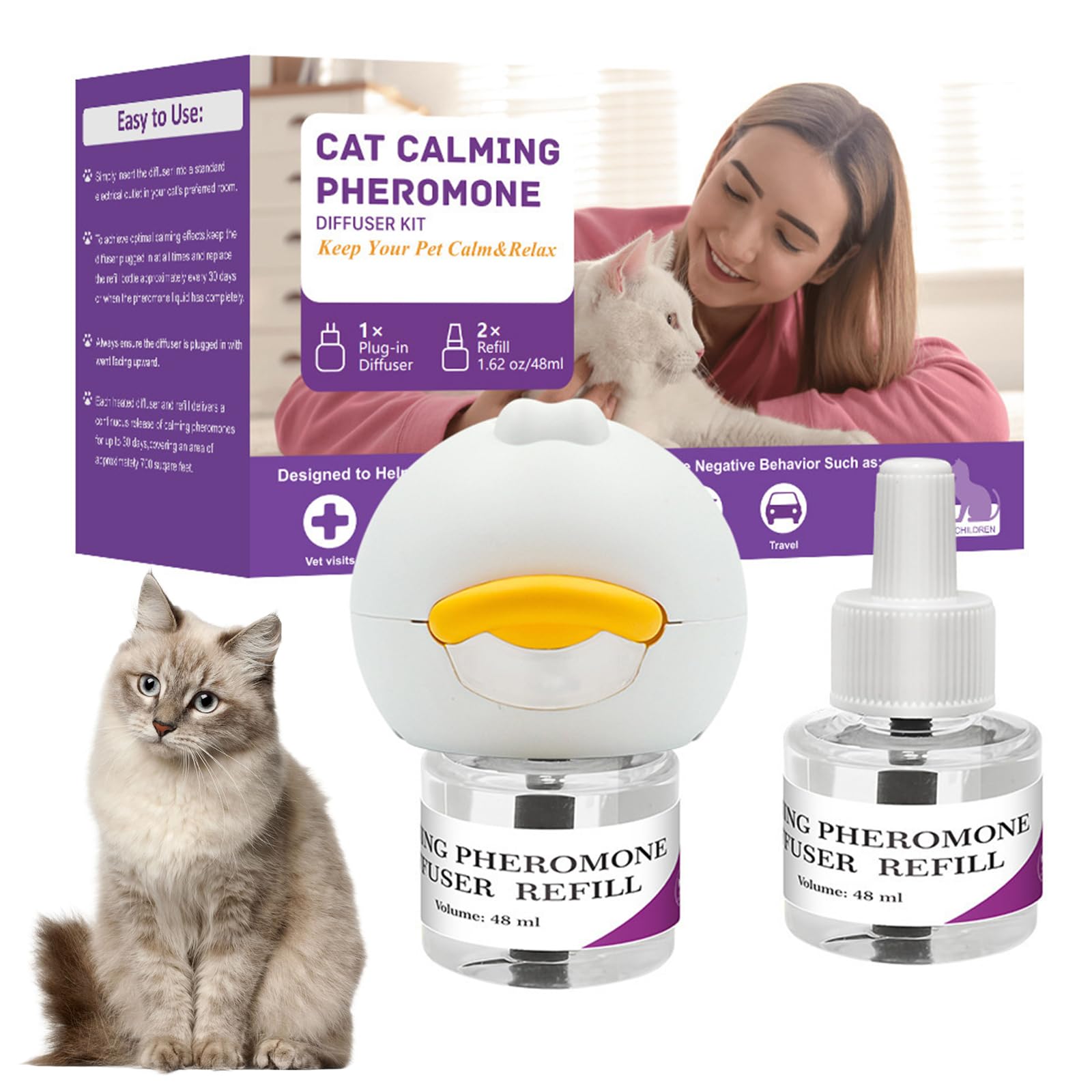 Diffusore Rilassante Gatto,Soluzione Feromone Presa con 2 Ricariche - Sollievo Stress Gatti, Riduce Graffi & Minzione Inappropriata, Copertura Continua 30 Giorni