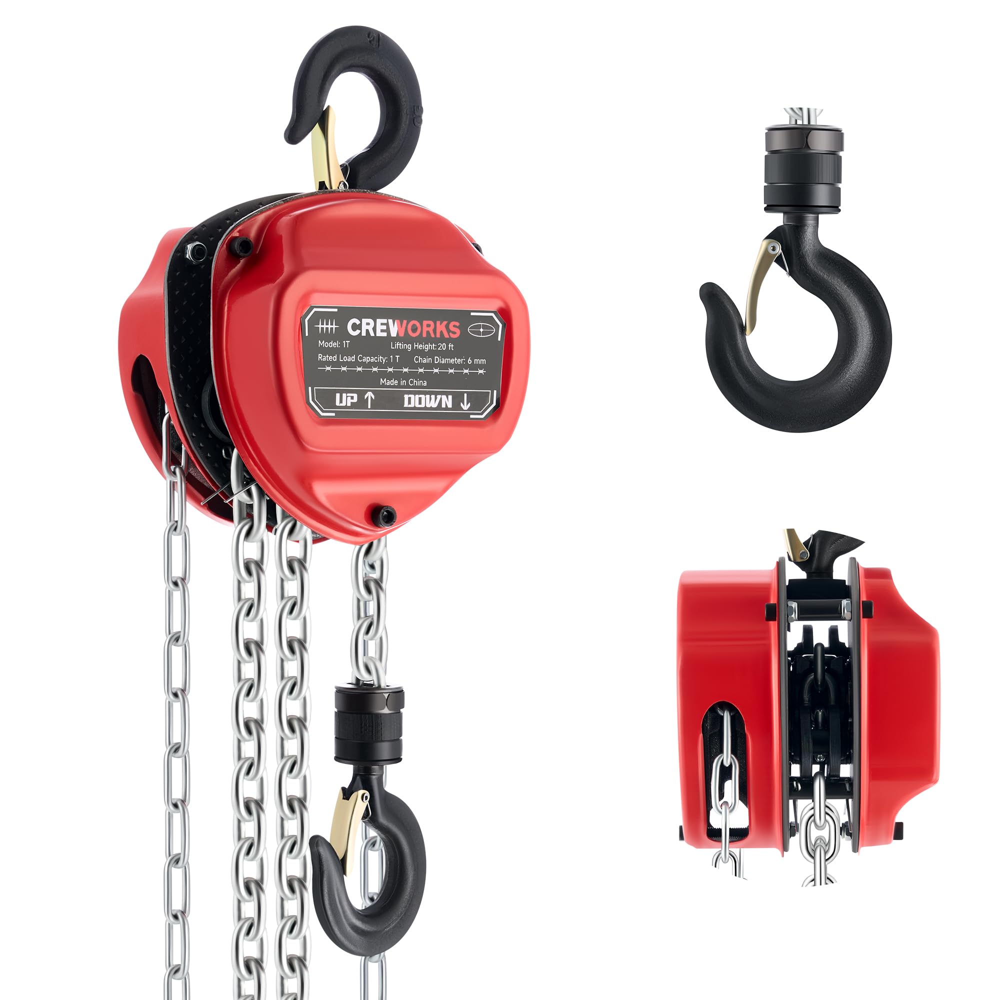 CREWORKS 1T Kettenzug Handseilwinde 6m Hubhöhe 1000kg Tragkraft G80-Lastkette Hebelzug Ratschenzug