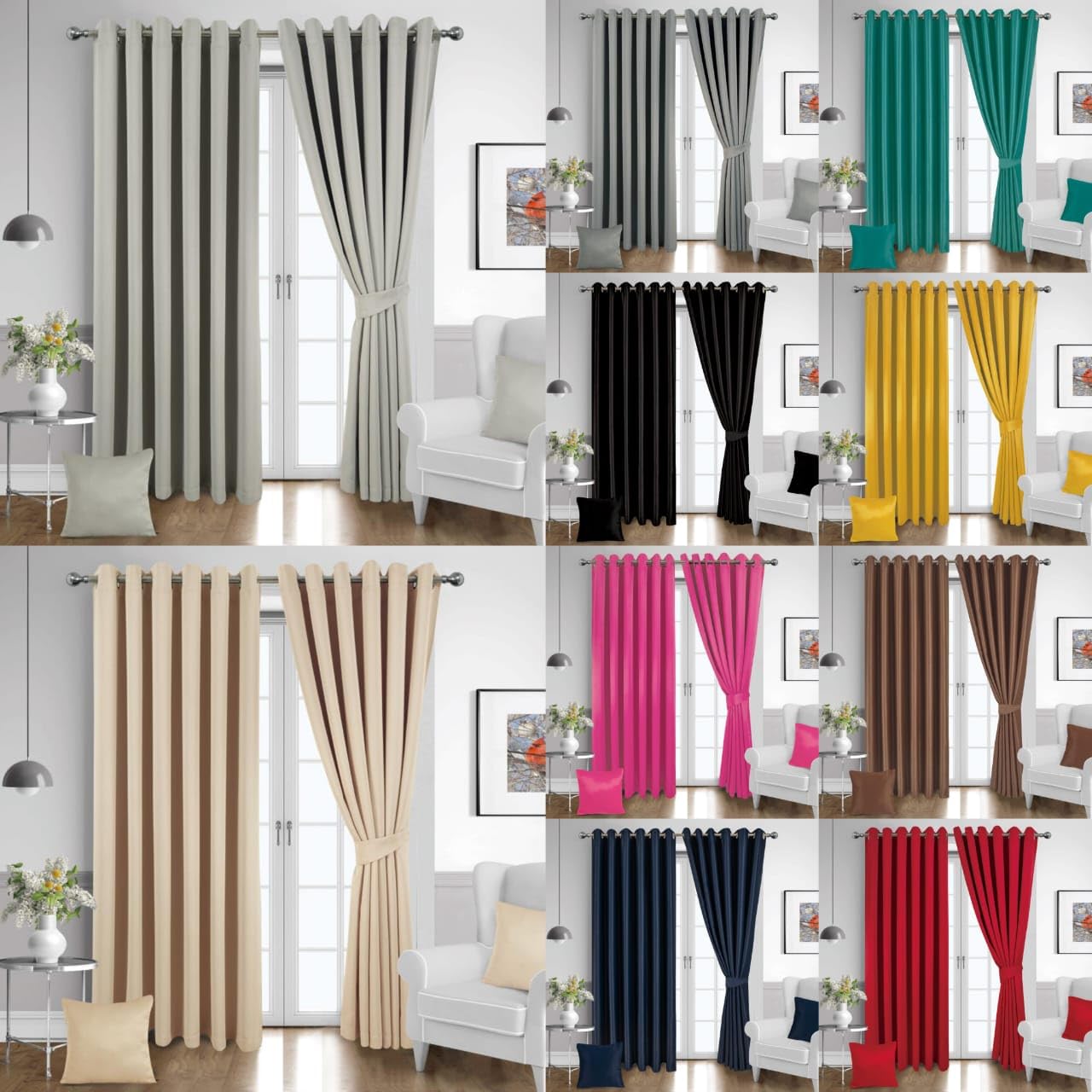Axcent Comfort Plain Solid Blockout Curtains Set Red (Pair of Eyelet Curtains + 2 Cushion Covers + Tiebacks) Bedroom Decor Set 100% Polyester 90" (Width) x 54" (Drop)