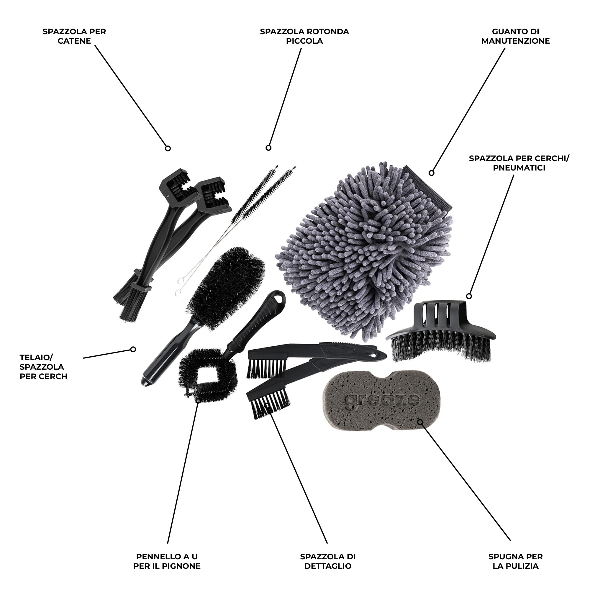 greaze Set pulisci catena bici - Set pulizia bici - Accessori bici spazzola per catena + spazzola per la pulizia catena della bicicletta - spazzola per pignone - Kit pulizia bici (set da 11 pezzi)